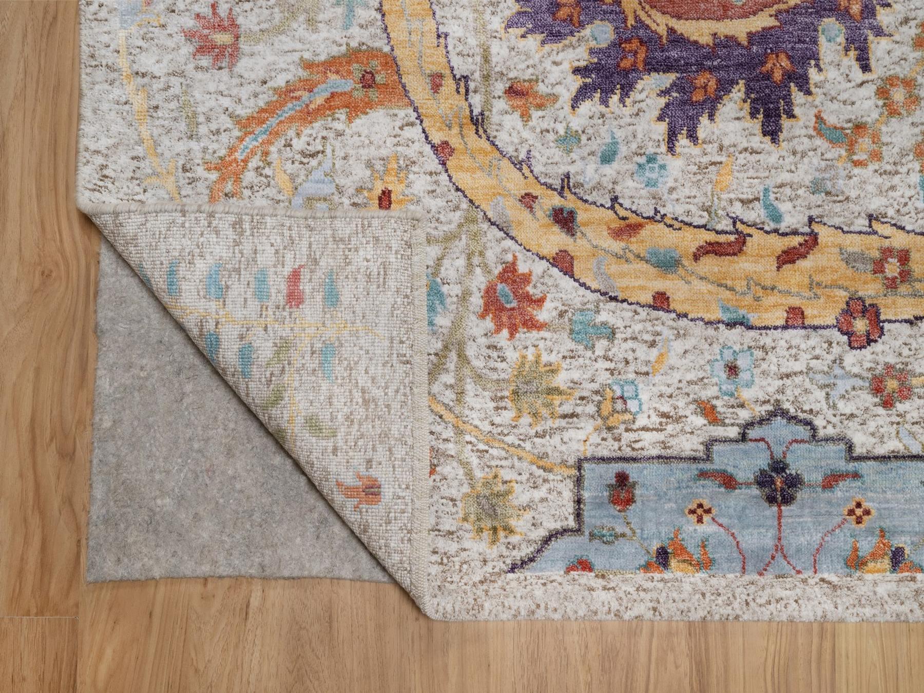 9'x12' Ivory and Brown, Hand Knotted, Colorful Sickle Leaf Design, Silk with Textured Wool, Oriental Rug HR92604 - Image 4