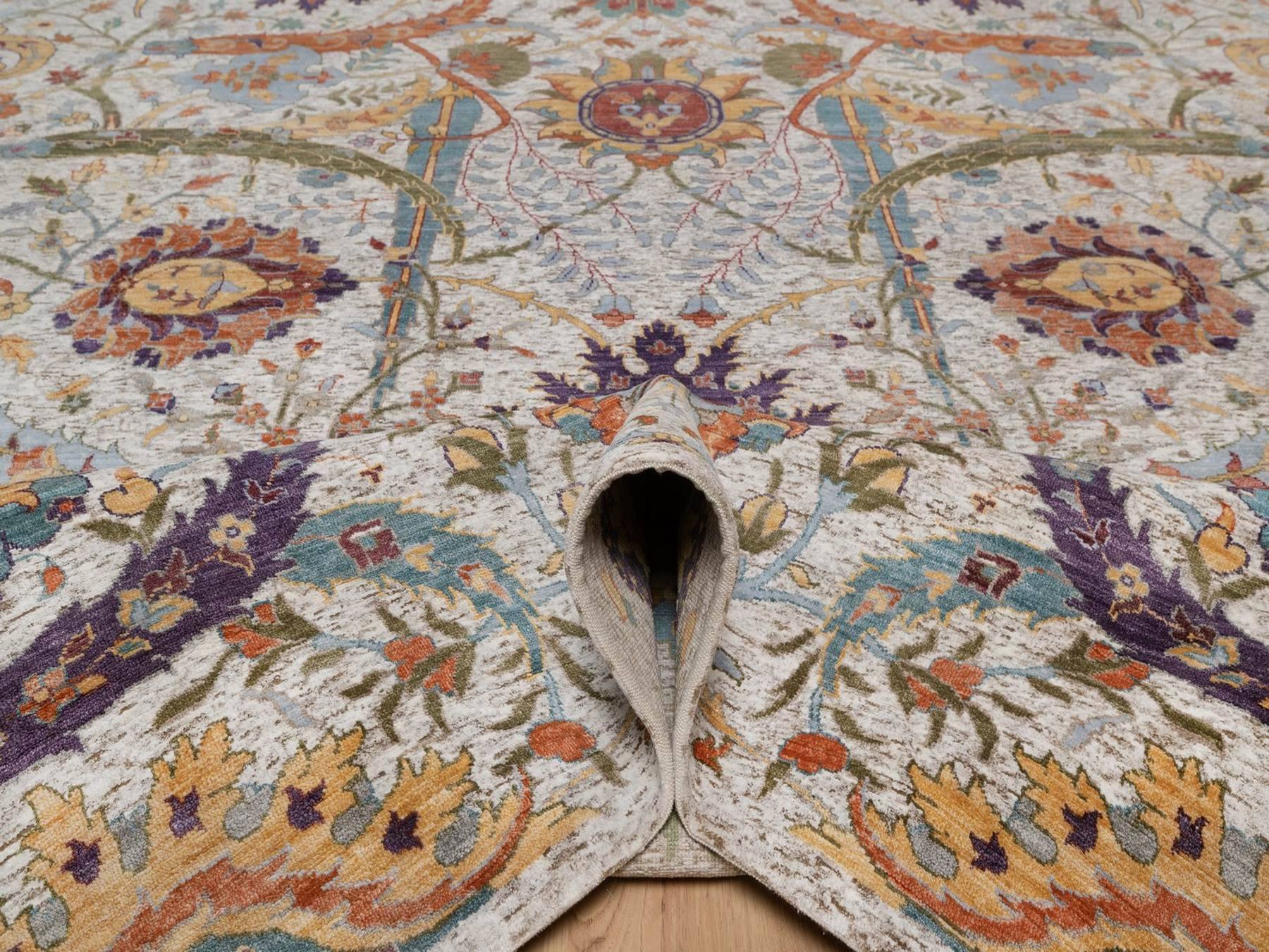9'x12' Ivory and Brown, Hand Knotted, Colorful Sickle Leaf Design, Silk with Textured Wool, Oriental Rug HR92604 - Image 5
