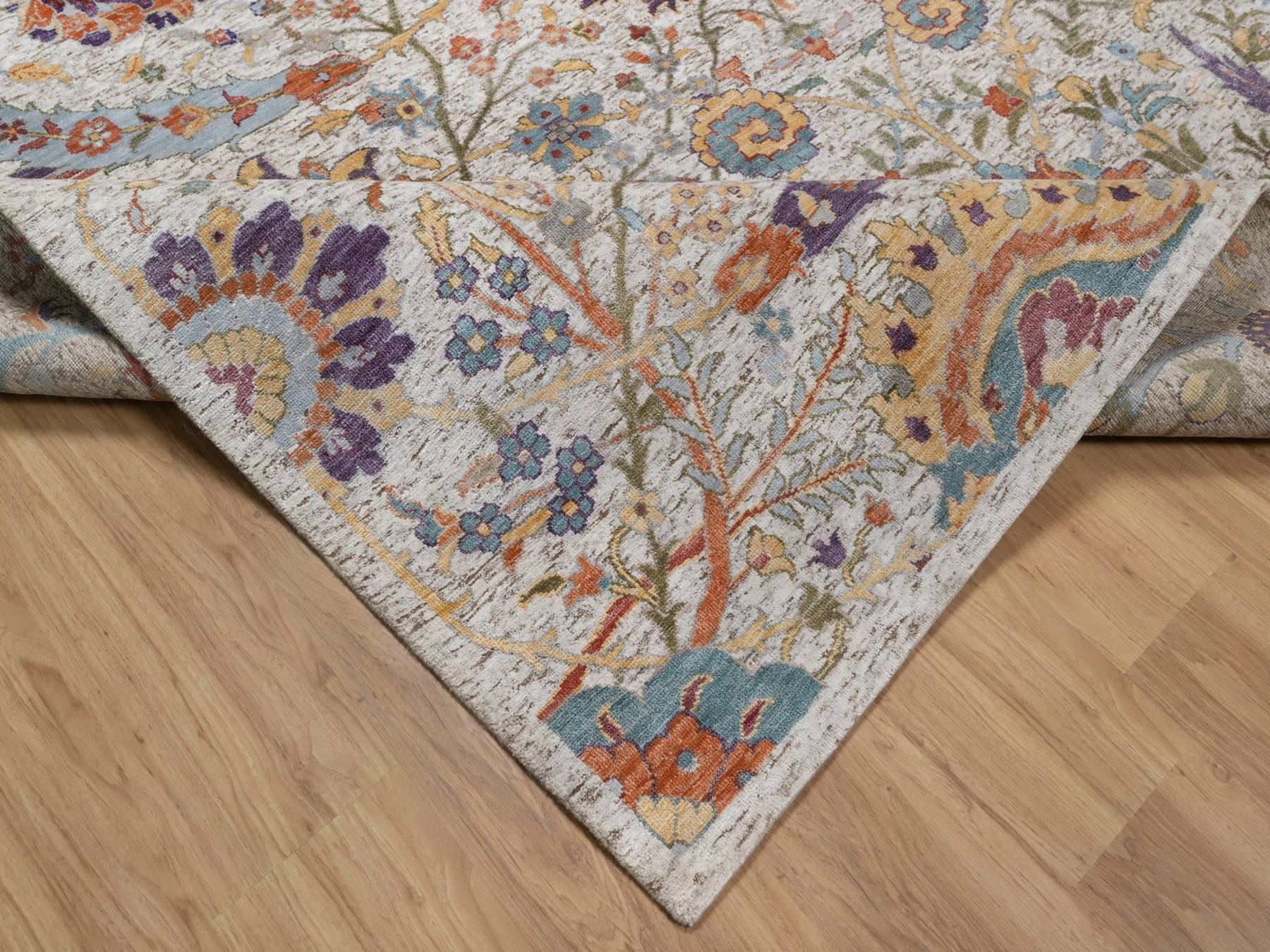 9'x12' Ivory and Brown, Hand Knotted, Colorful Sickle Leaf Design, Silk with Textured Wool, Oriental Rug HR92604 - Image 6