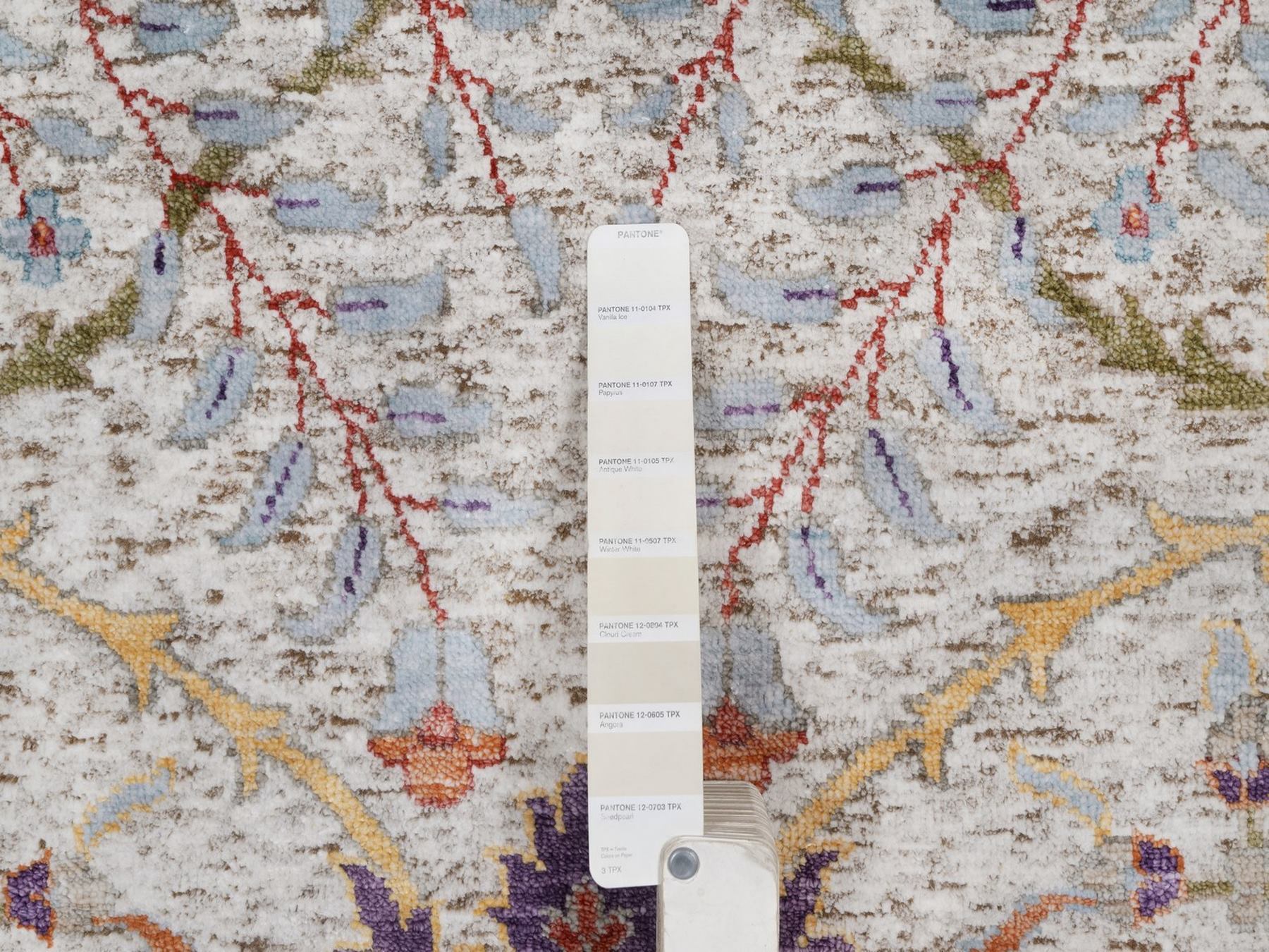 9'x12' Ivory and Brown, Hand Knotted, Colorful Sickle Leaf Design, Silk with Textured Wool, Oriental Rug HR92604 - Image 7