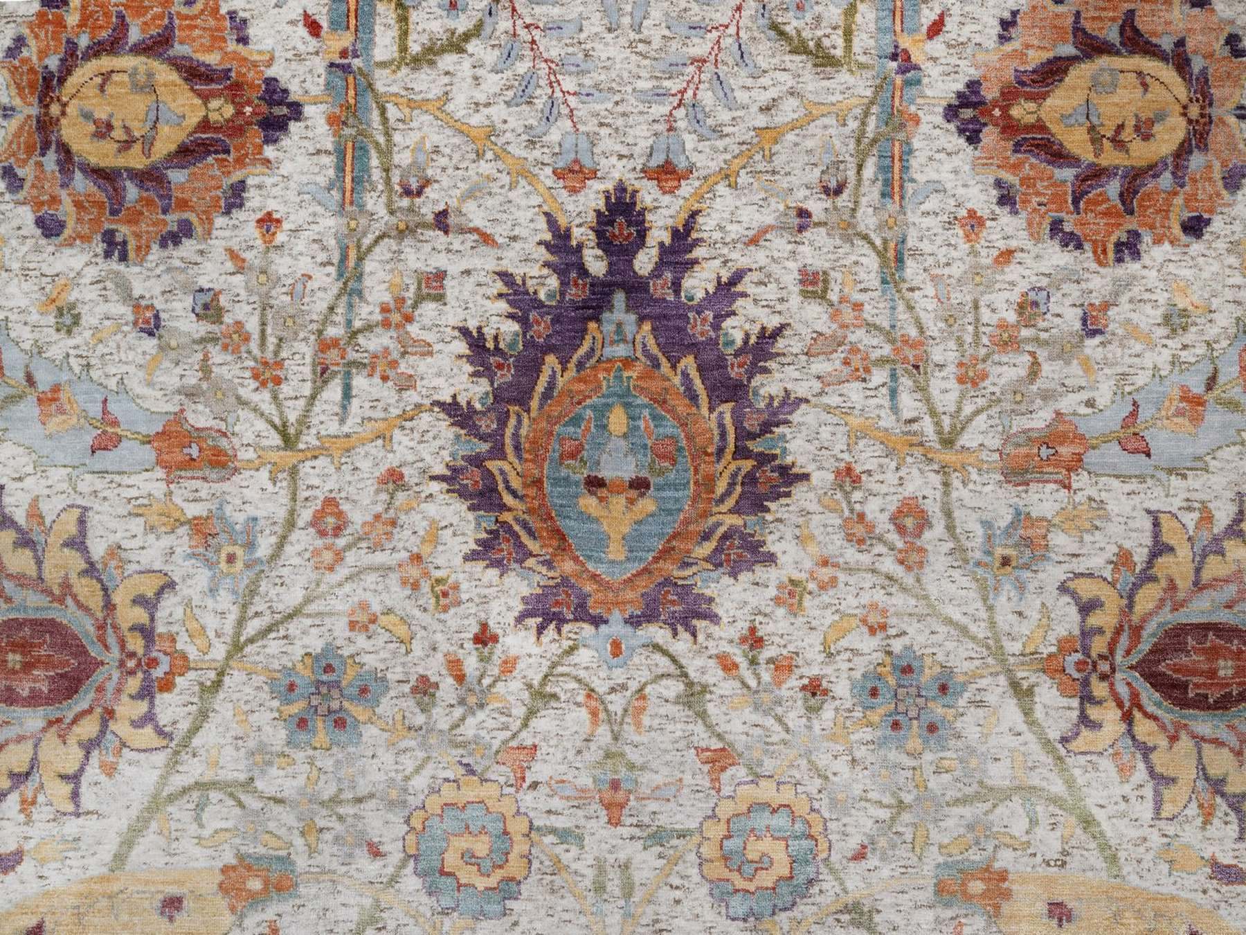 9'x12' Ivory and Brown, Hand Knotted, Colorful Sickle Leaf Design, Silk with Textured Wool, Oriental Rug HR92604 - Image 8