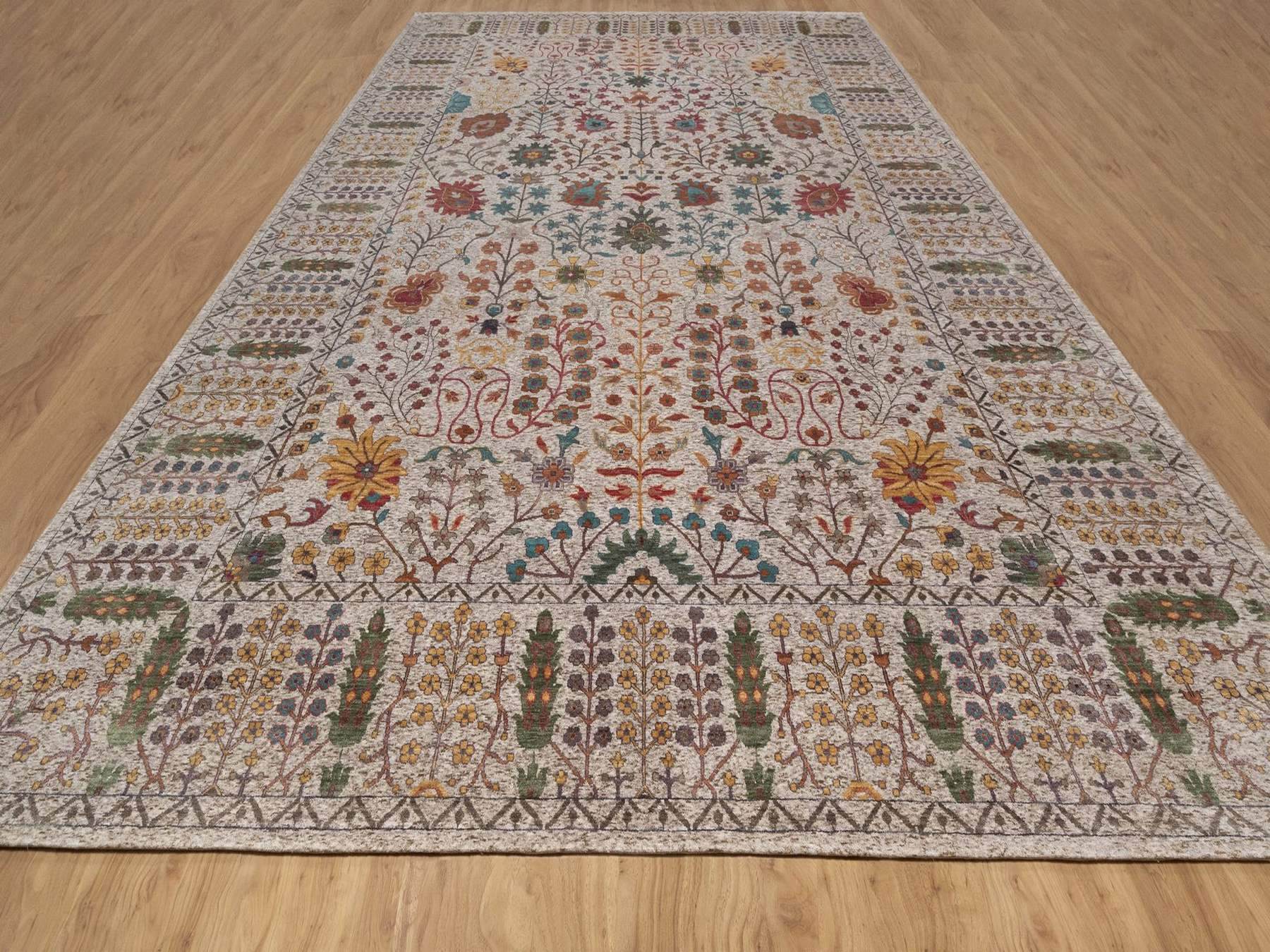 11'7"x18'3" Swan White, Directional Vase Design, Silk with Textured Wool, Hand Knotted, XL, Oversized, Oriental Rug HR92606 - Image 2