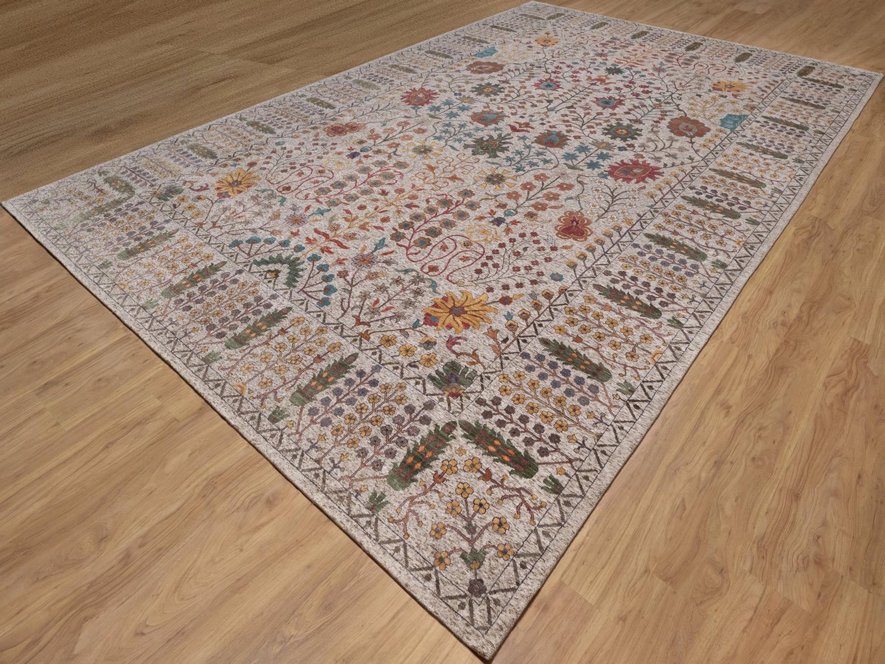 11'7"x18'3" Swan White, Directional Vase Design, Silk with Textured Wool, Hand Knotted, XL, Oversized, Oriental Rug HR92606 - Image 3