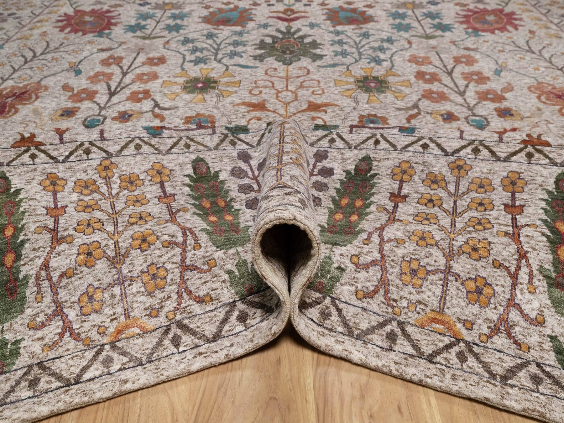11'7"x18'3" Swan White, Directional Vase Design, Silk with Textured Wool, Hand Knotted, XL, Oversized, Oriental Rug HR92606 - Image 5