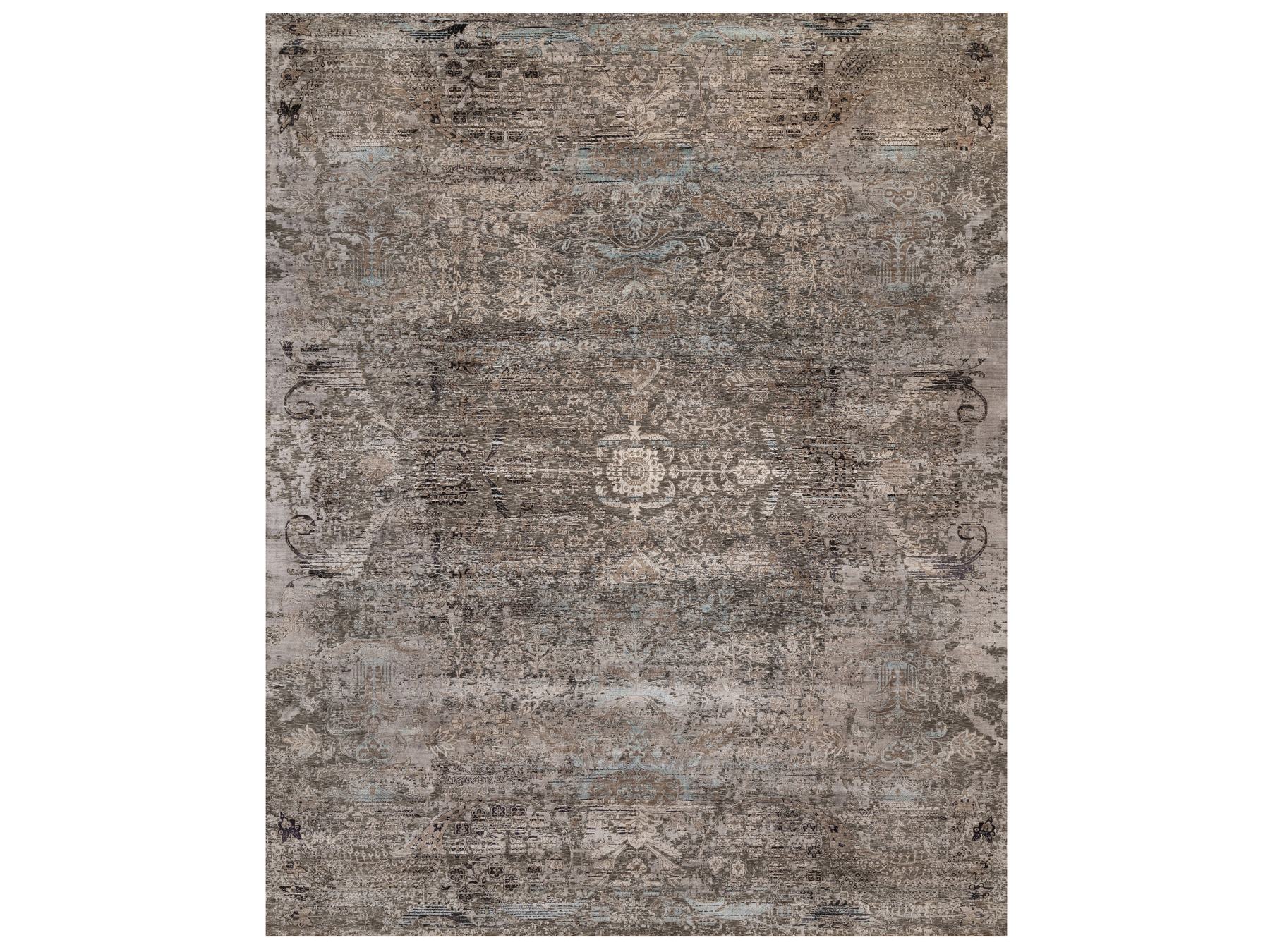 12'2"x15'3" Shades of Brown, Transitional Persian Influence Erased Flower Design, Hand Knotted, Silk with Textured Wool, XL, Oversized, Oriental Rug HR92607