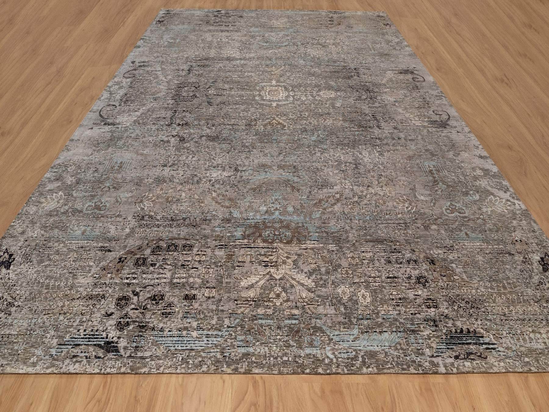 12'2"x15'3" Shades of Brown, Transitional Persian Influence Erased Flower Design, Hand Knotted, Silk with Textured Wool, XL, Oversized, Oriental Rug HR92607 - Image 2