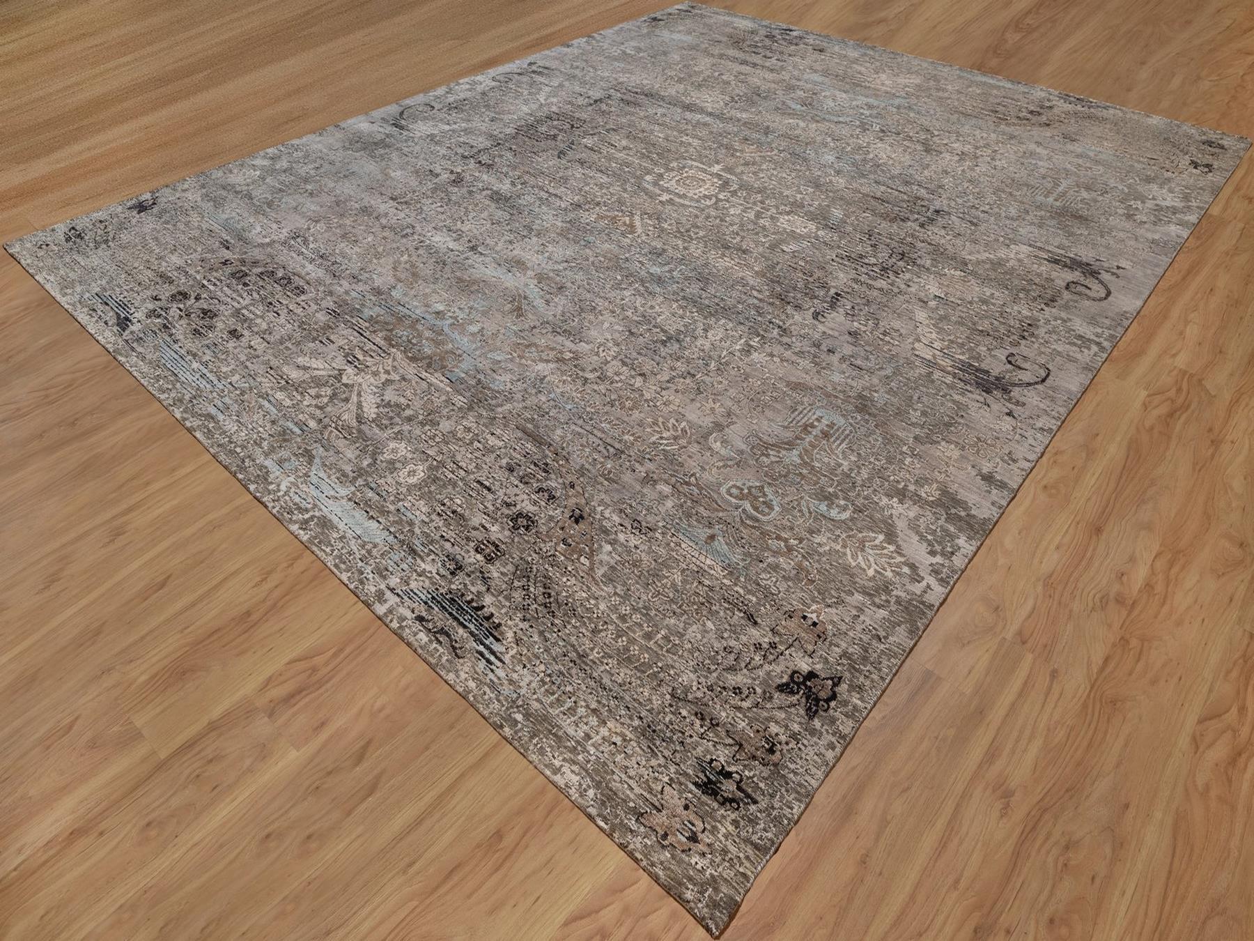 12'2"x15'3" Shades of Brown, Transitional Persian Influence Erased Flower Design, Hand Knotted, Silk with Textured Wool, XL, Oversized, Oriental Rug HR92607 - Image 3