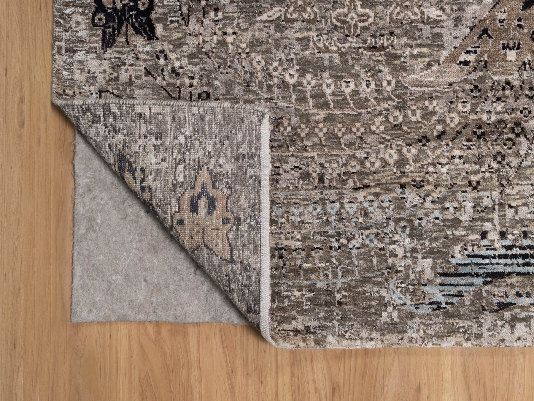 12'2"x15'3" Shades of Brown, Transitional Persian Influence Erased Flower Design, Hand Knotted, Silk with Textured Wool, XL, Oversized, Oriental Rug HR92607 - Image 4