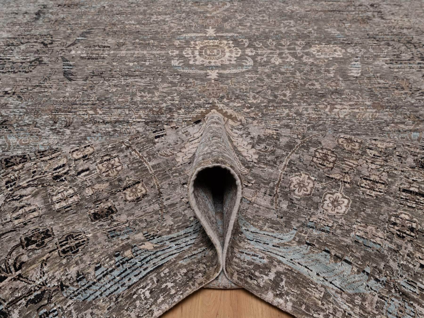 12'2"x15'3" Shades of Brown, Transitional Persian Influence Erased Flower Design, Hand Knotted, Silk with Textured Wool, XL, Oversized, Oriental Rug HR92607 - Image 5