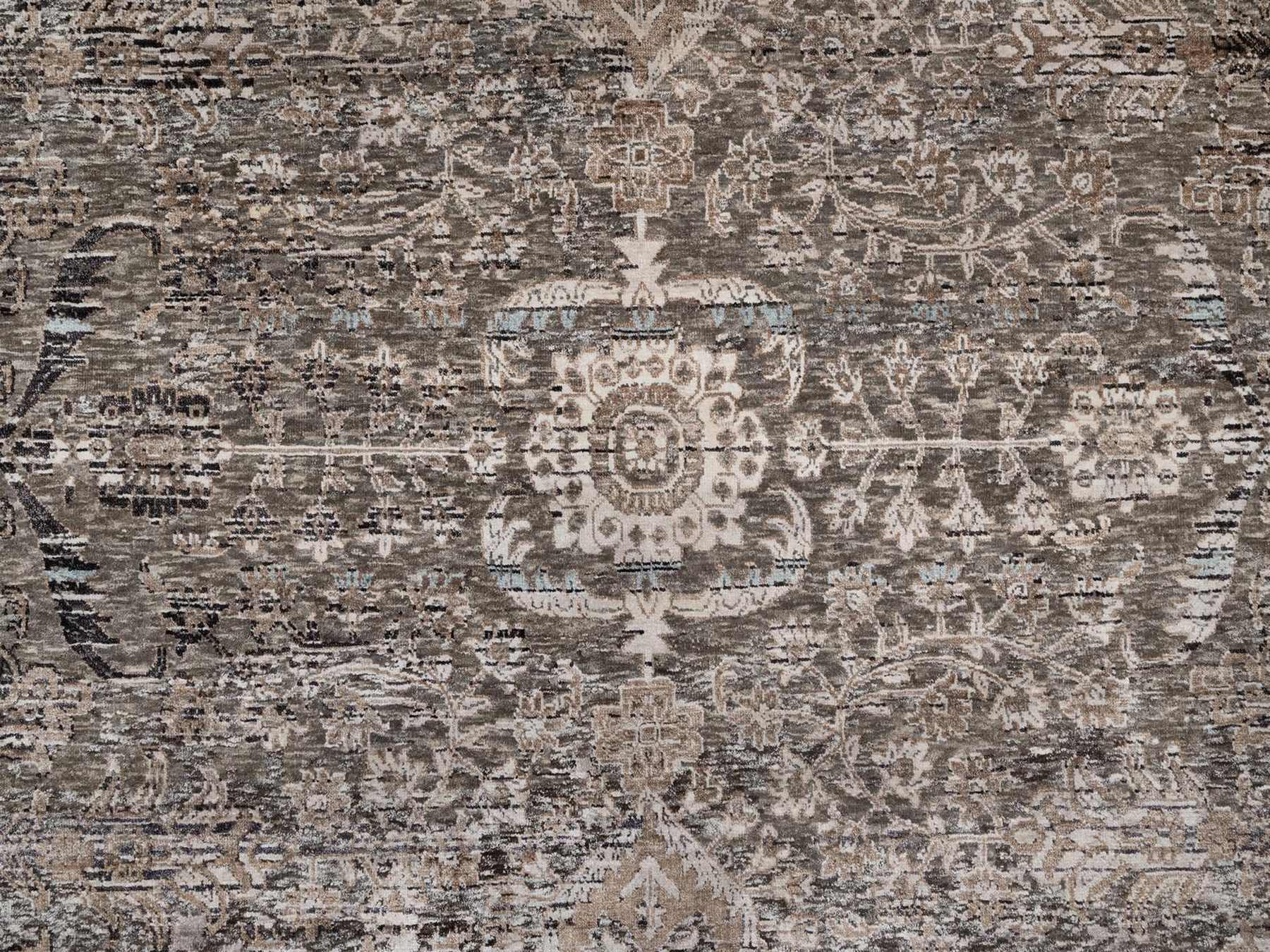 12'2"x15'3" Shades of Brown, Transitional Persian Influence Erased Flower Design, Hand Knotted, Silk with Textured Wool, XL, Oversized, Oriental Rug HR92607 - Image 8