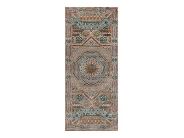 2'6"x6' Lark Brown, Mamluk Design with Geometric Medallion, Textured Wool and Silk, Hand Knotted, Runner, Oriental Rug HR92608