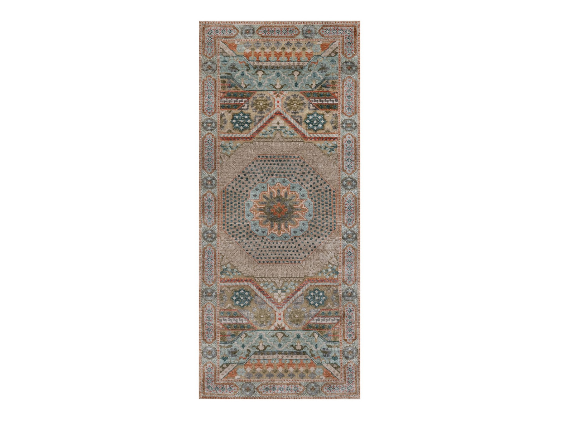 2'6"x6' Lark Brown, Mamluk Design with Geometric Medallion, Textured Wool and Silk, Hand Knotted, Runner, Oriental Rug HR92608