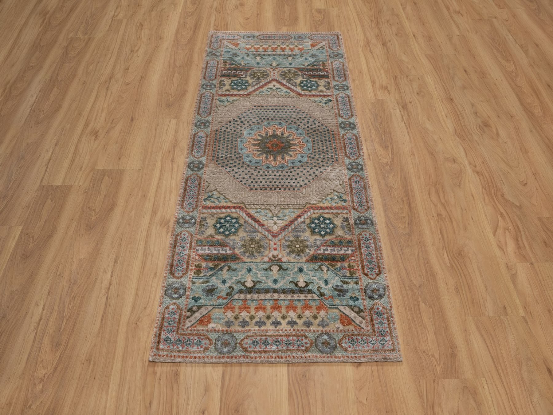 2'6"x6' Lark Brown, Mamluk Design with Geometric Medallion, Textured Wool and Silk, Hand Knotted, Runner, Oriental Rug HR92608 - Image 2