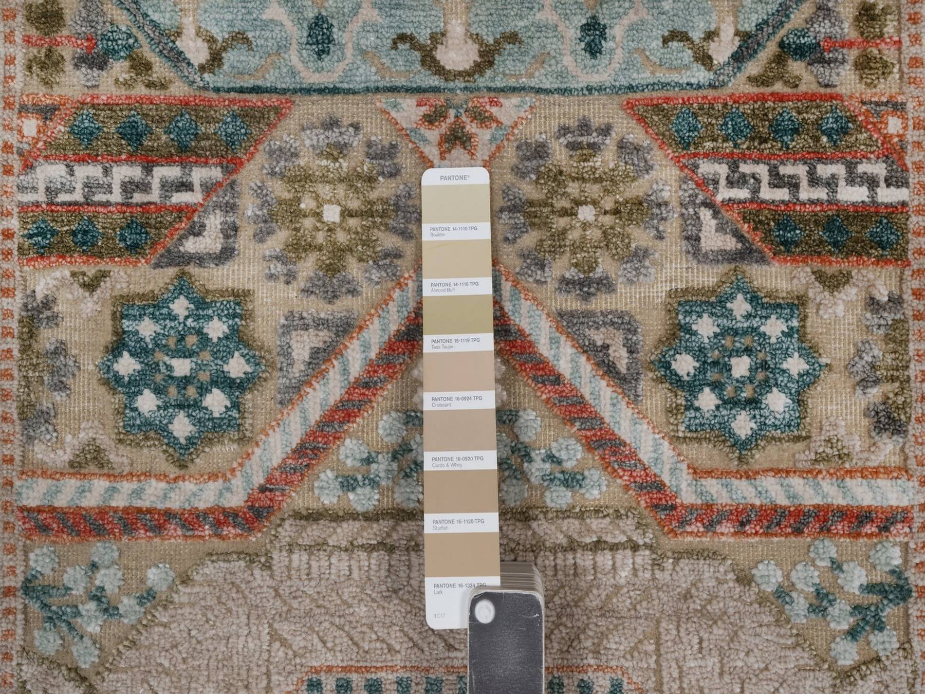 2'6"x6' Lark Brown, Mamluk Design with Geometric Medallion, Textured Wool and Silk, Hand Knotted, Runner, Oriental Rug HR92608 - Image 4