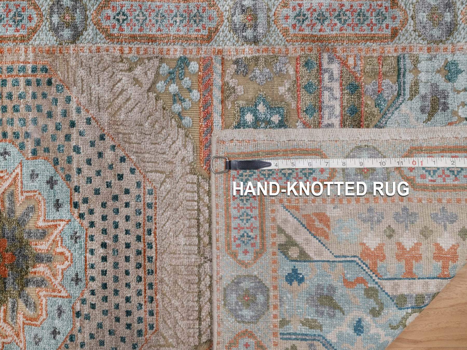 2'6"x6' Lark Brown, Mamluk Design with Geometric Medallion, Textured Wool and Silk, Hand Knotted, Runner, Oriental Rug HR92608 - Image 8