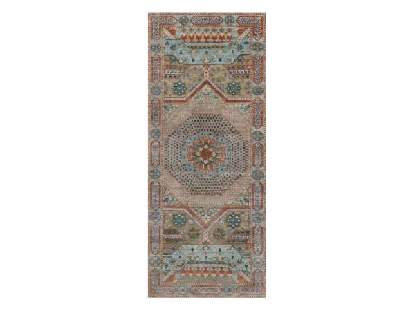 2'5"x6' Lark Brown, Mamluk Design with Geometric Medallion, Textured Wool and Silk, Hand Knotted, Runner, Oriental Rug HR92609