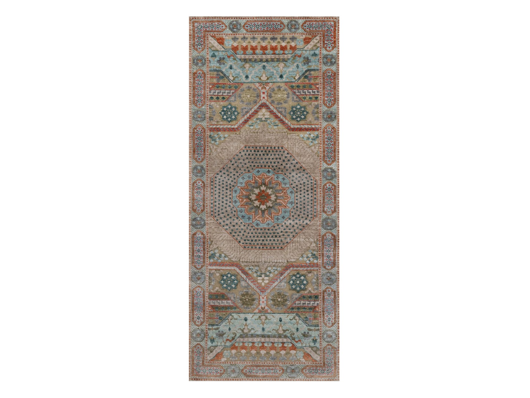 2'5"x6' Lark Brown, Mamluk Design with Geometric Medallion, Textured Wool and Silk, Hand Knotted, Runner, Oriental Rug HR92609