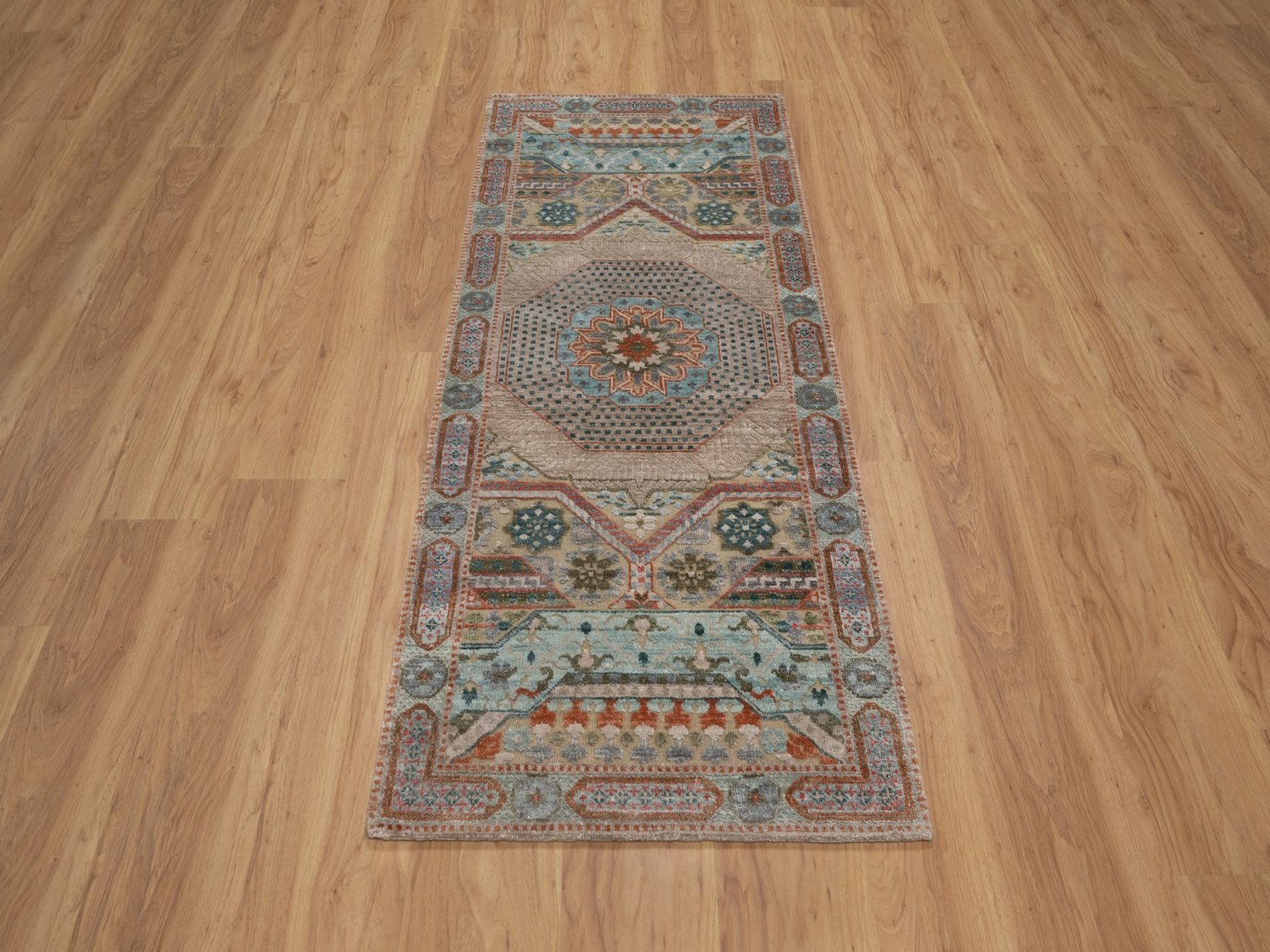 2'5"x6' Lark Brown, Mamluk Design with Geometric Medallion, Textured Wool and Silk, Hand Knotted, Runner, Oriental Rug HR92609 - Image 2