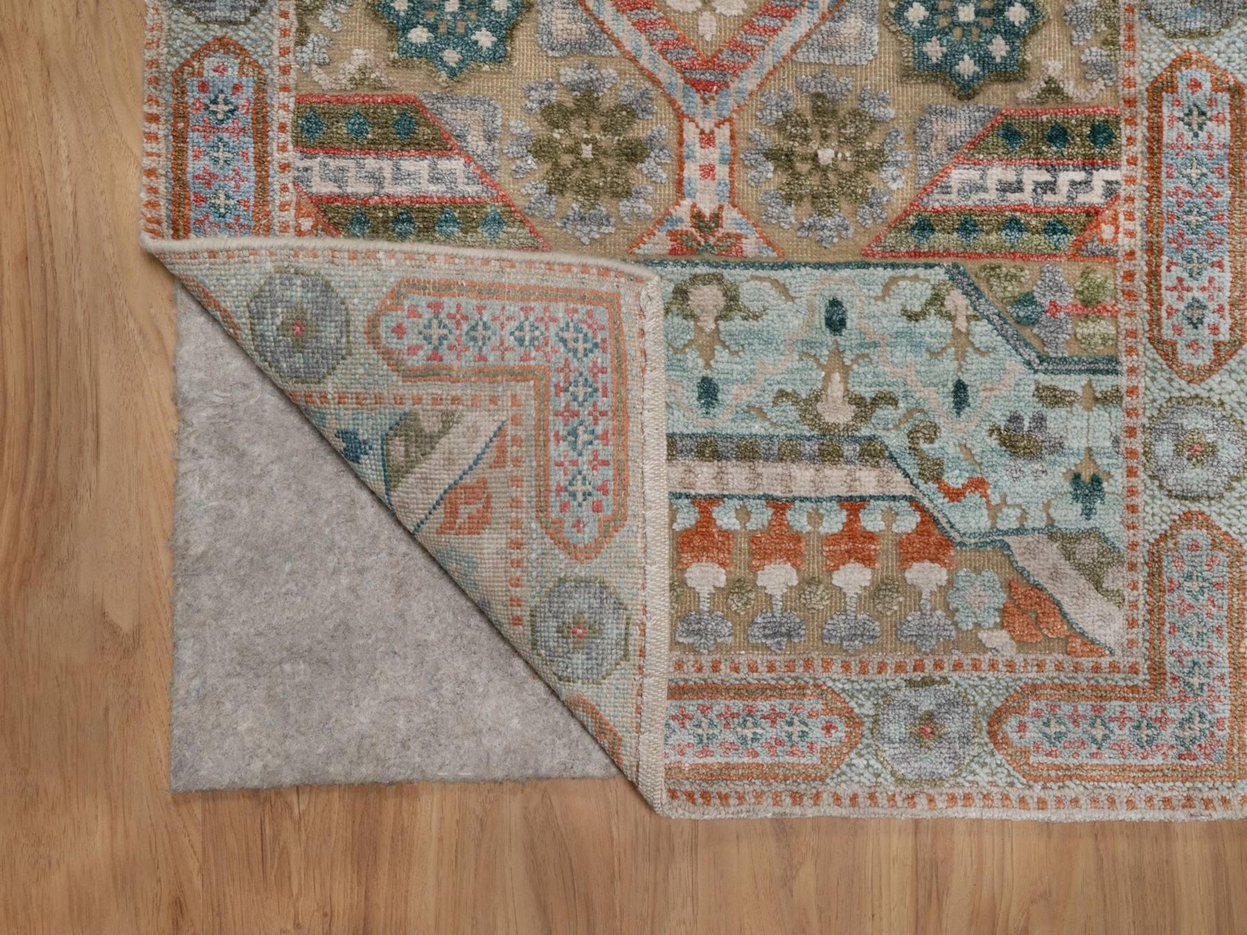 2'5"x6' Lark Brown, Mamluk Design with Geometric Medallion, Textured Wool and Silk, Hand Knotted, Runner, Oriental Rug HR92609 - Image 3