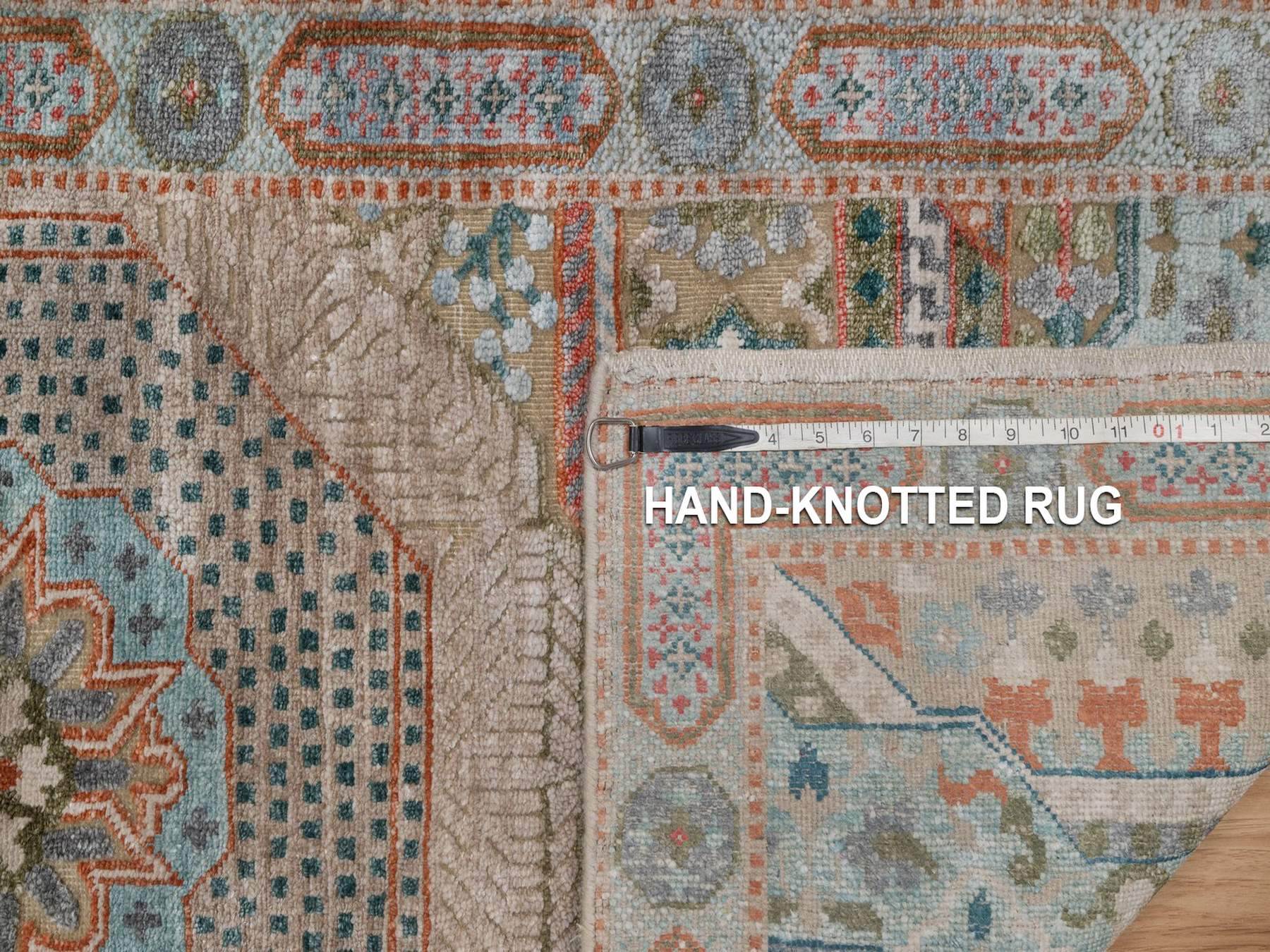 2'5"x6' Lark Brown, Mamluk Design with Geometric Medallion, Textured Wool and Silk, Hand Knotted, Runner, Oriental Rug HR92609 - Image 8
