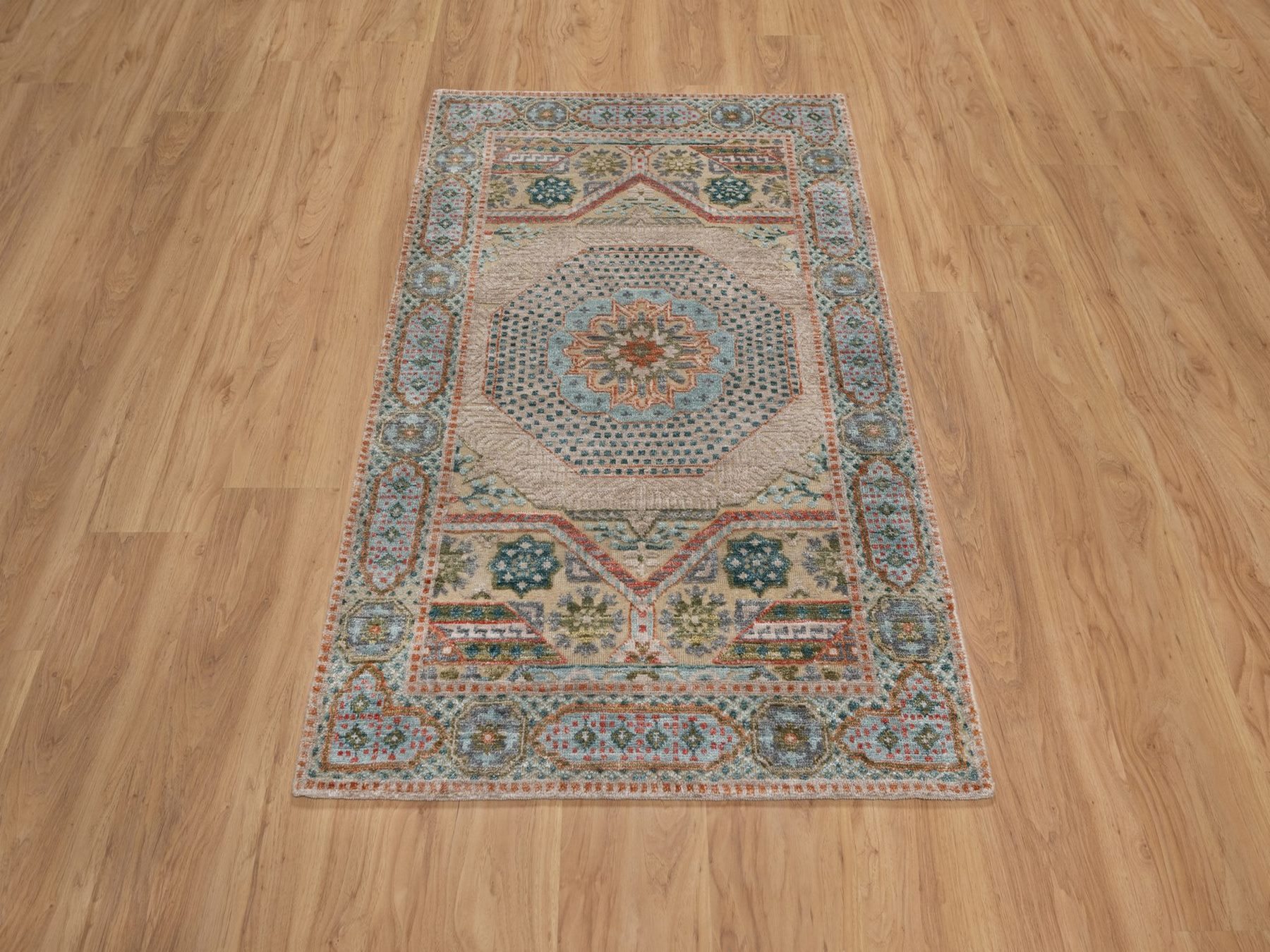 3'2"x5'1" Lark Brown, Mamluk Design with Geometric Medallion, Hand Knotted, Textured Wool and Silk, Oriental Rug HR92610 - Image 2