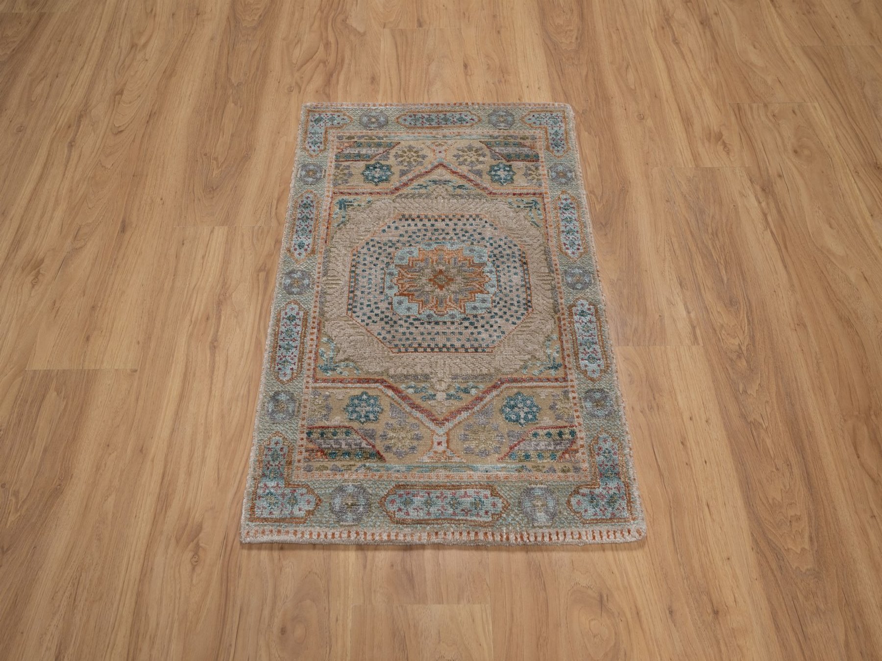 2'x3' Lark Brown, Mamluk Design with Star Medallion, Textured Wool and Silk, Hand Knotted, Sample, Mat, Oriental Rug HR92611 - Image 2