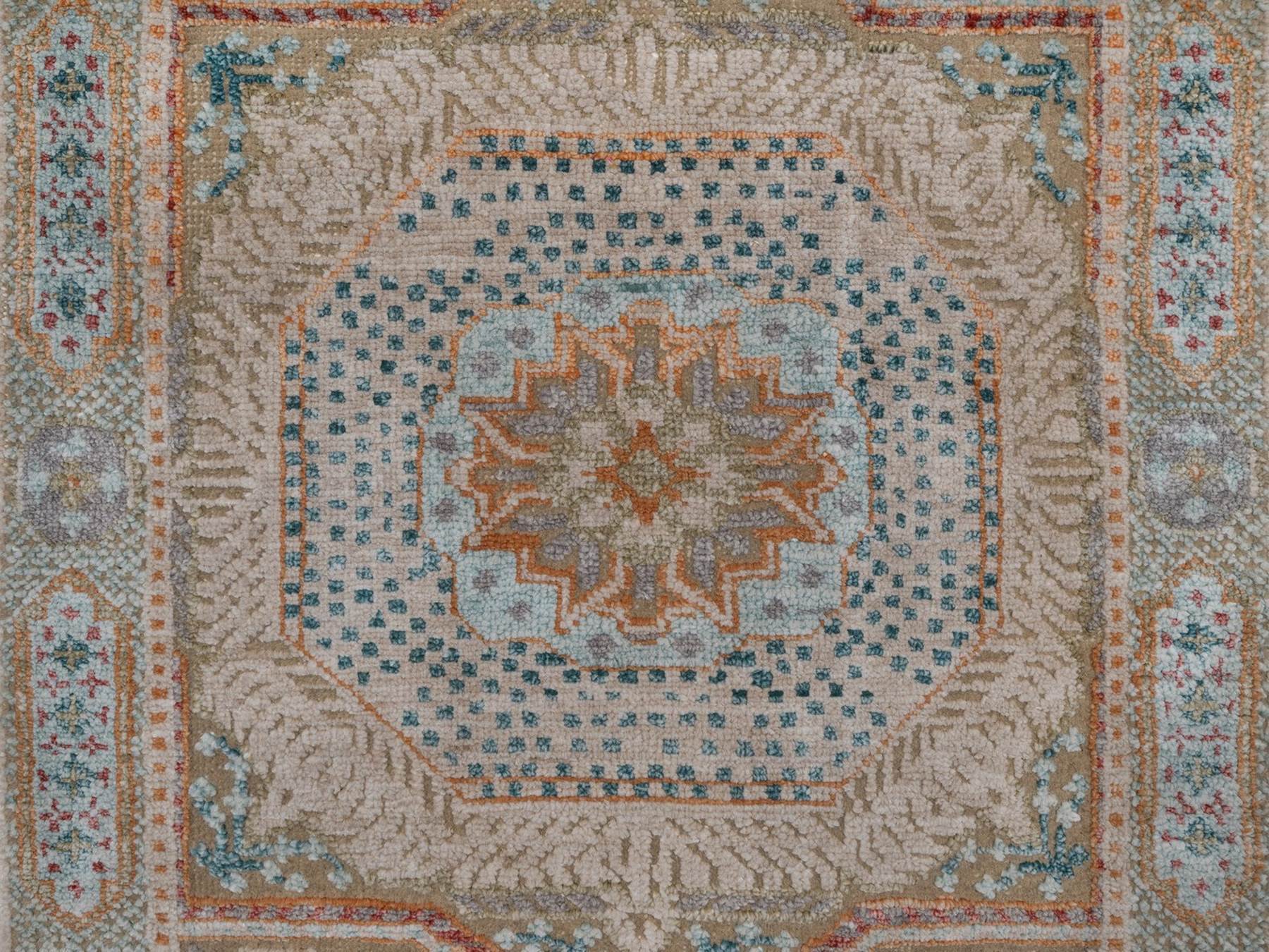 2'x3' Lark Brown, Mamluk Design with Star Medallion, Textured Wool and Silk, Hand Knotted, Sample, Mat, Oriental Rug HR92611 - Image 5