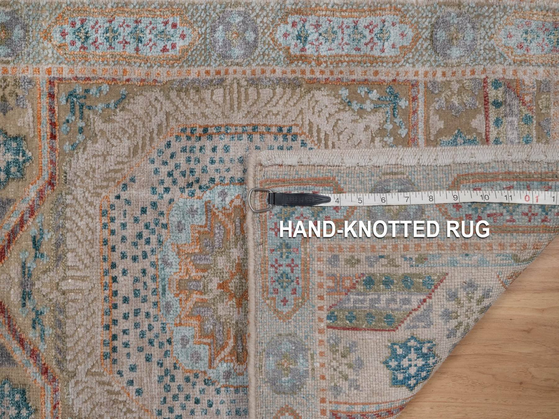 2'x3' Lark Brown, Mamluk Design with Star Medallion, Textured Wool and Silk, Hand Knotted, Sample, Mat, Oriental Rug HR92611 - Image 8