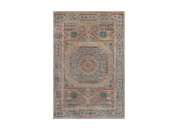 2'1"x3'1" Lark Brown, Hand Knotted, Mamluk Design with Geometric Medallion, Textured Wool and Silk, Mat, Sample, Oriental Rug HR92612