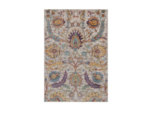 2'x3' Ivory and Brown, Colorful Sickle Leaf Design, Hand Knotted, Silk with Textured Wool, Sample, Mat, Oriental Rug HR92613