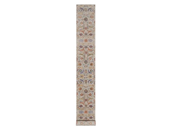 2'7"x24'1" Ivory and Brown, Colorful Sickle Leaf Design, Hand Knotted, Silk with Textured Wool, XL Runner, Oriental Rug HR92614