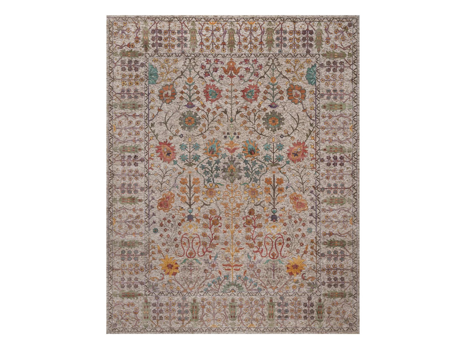 8'x10'2" Swan White, Silk with Textured Wool, Hand Knotted, Directional Vase Design, Oriental Rug HR92615