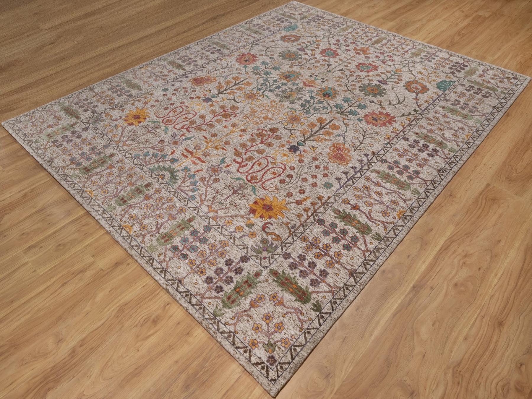 8'x10'2" Swan White, Silk with Textured Wool, Hand Knotted, Directional Vase Design, Oriental Rug HR92615 - Image 3