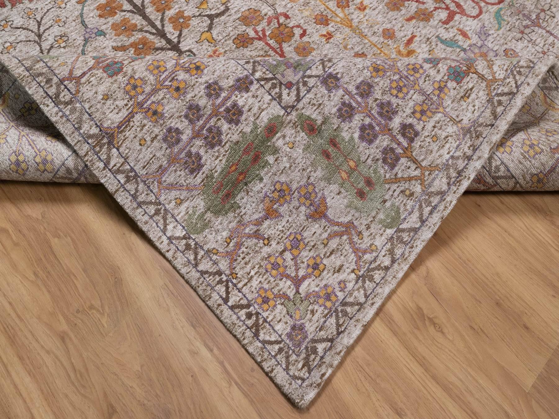 8'x10'2" Swan White, Silk with Textured Wool, Hand Knotted, Directional Vase Design, Oriental Rug HR92615 - Image 6