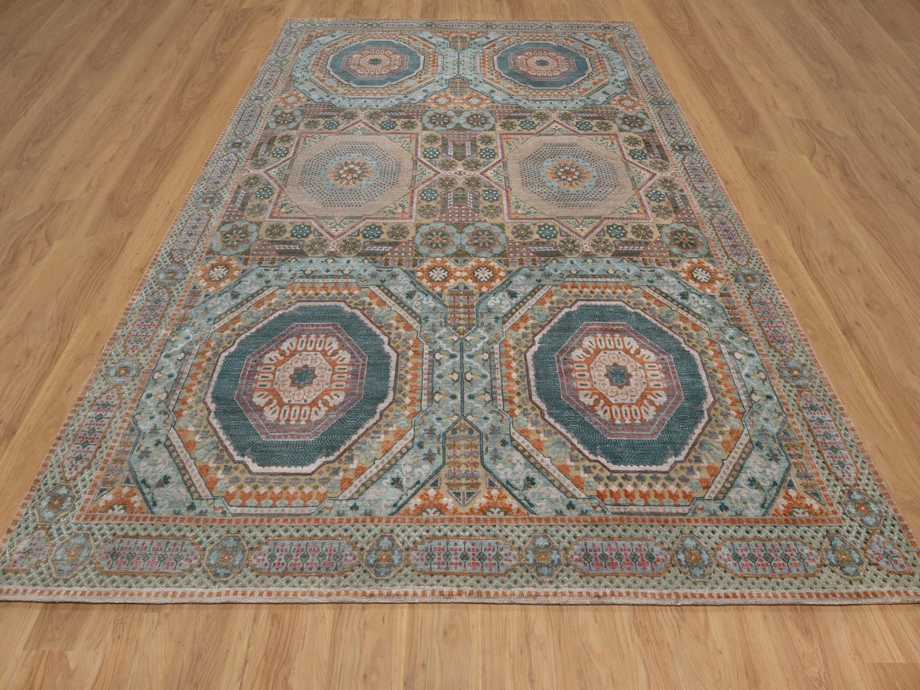 8'9"x12'3" Lark Brown, Mamluk Design with Geometric Medallions, Textured Wool and Silk, Hand Knotted, Oriental Rug HR92616 - Image 2