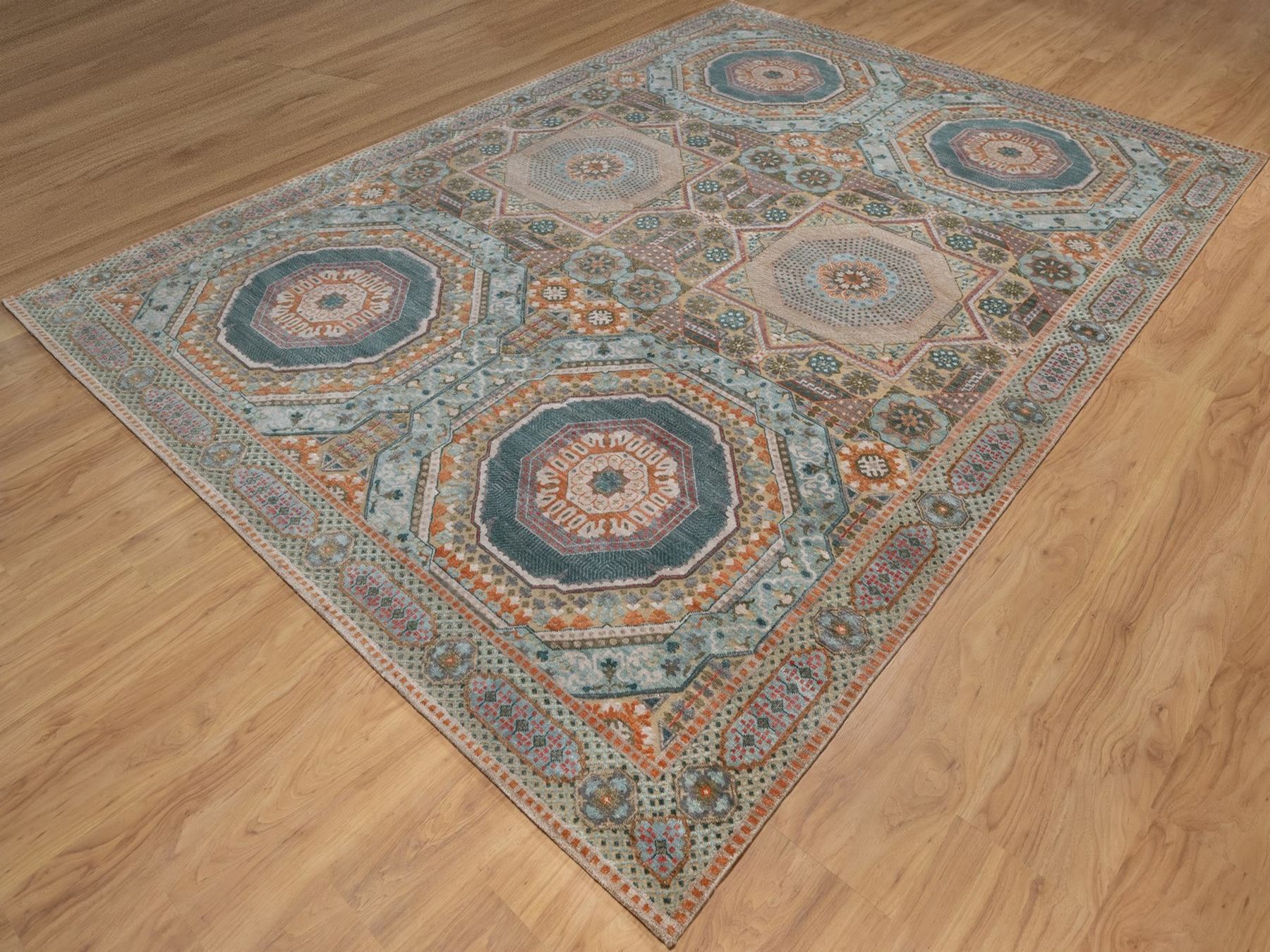 8'9"x12'3" Lark Brown, Mamluk Design with Geometric Medallions, Textured Wool and Silk, Hand Knotted, Oriental Rug HR92616 - Image 3