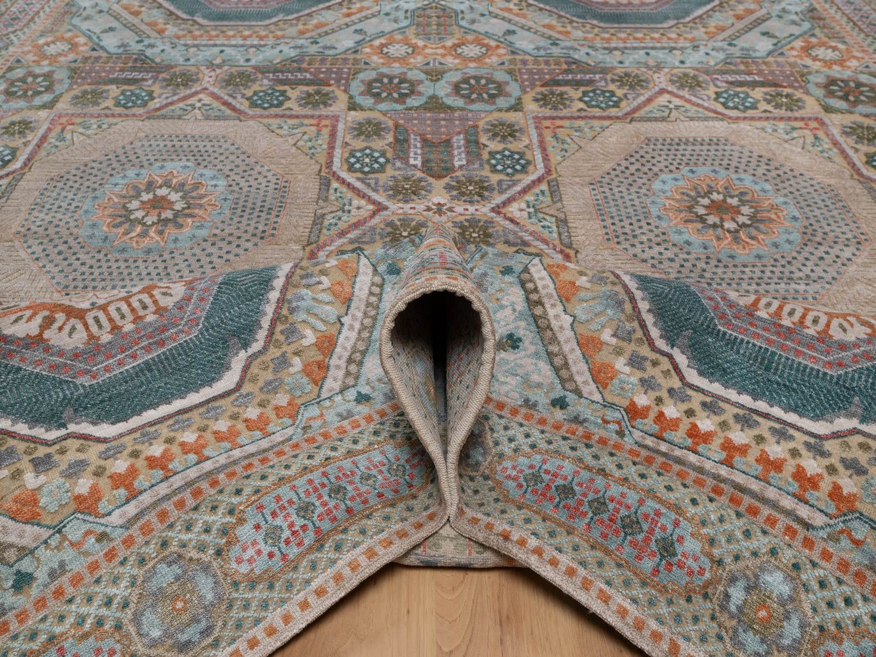 8'9"x12'3" Lark Brown, Mamluk Design with Geometric Medallions, Textured Wool and Silk, Hand Knotted, Oriental Rug HR92616 - Image 5