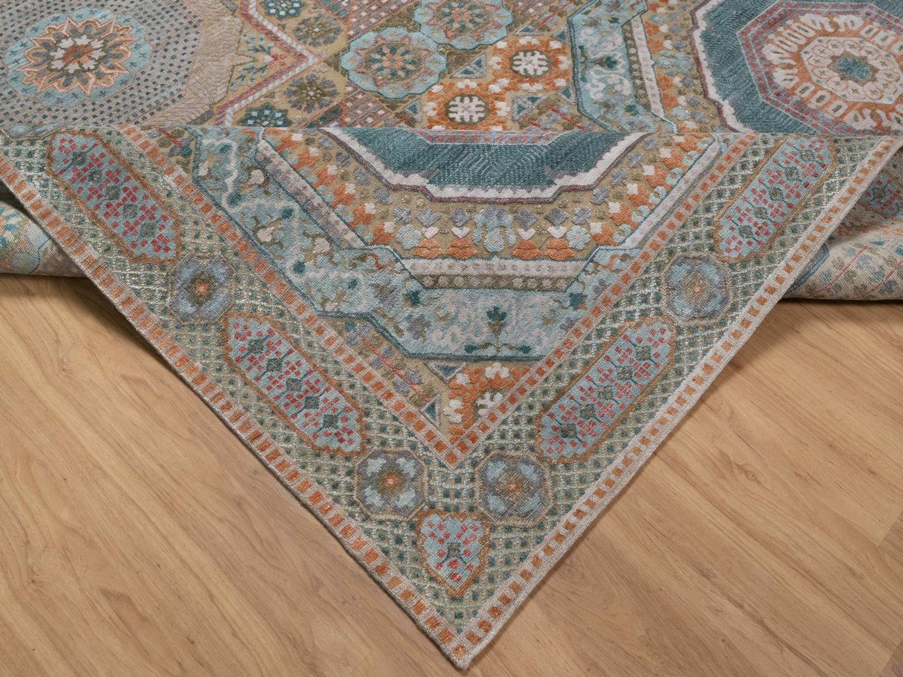 8'9"x12'3" Lark Brown, Mamluk Design with Geometric Medallions, Textured Wool and Silk, Hand Knotted, Oriental Rug HR92616 - Image 6