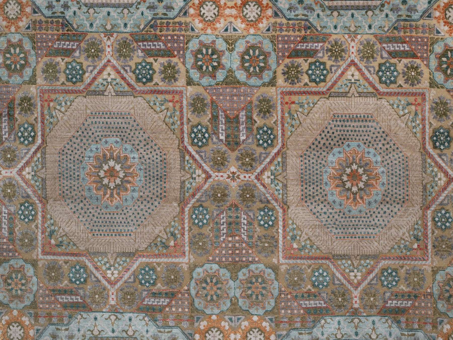 8'9"x12'3" Lark Brown, Mamluk Design with Geometric Medallions, Textured Wool and Silk, Hand Knotted, Oriental Rug HR92616 - Image 8