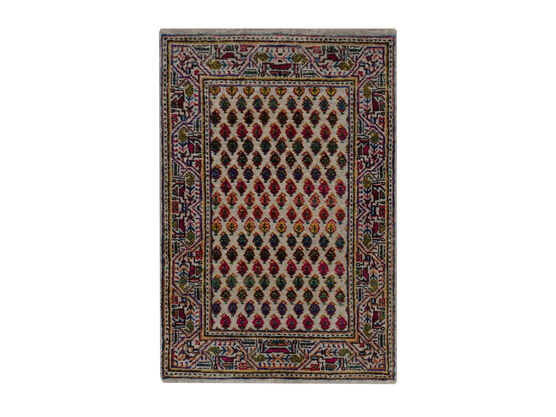 2'x3' Colorful, Sarouk Mir Inspired with Repetitive Boteh Design, Wool and Sari Silk, Hand Knotted, Sample, Mat, Oriental Rug HR92617