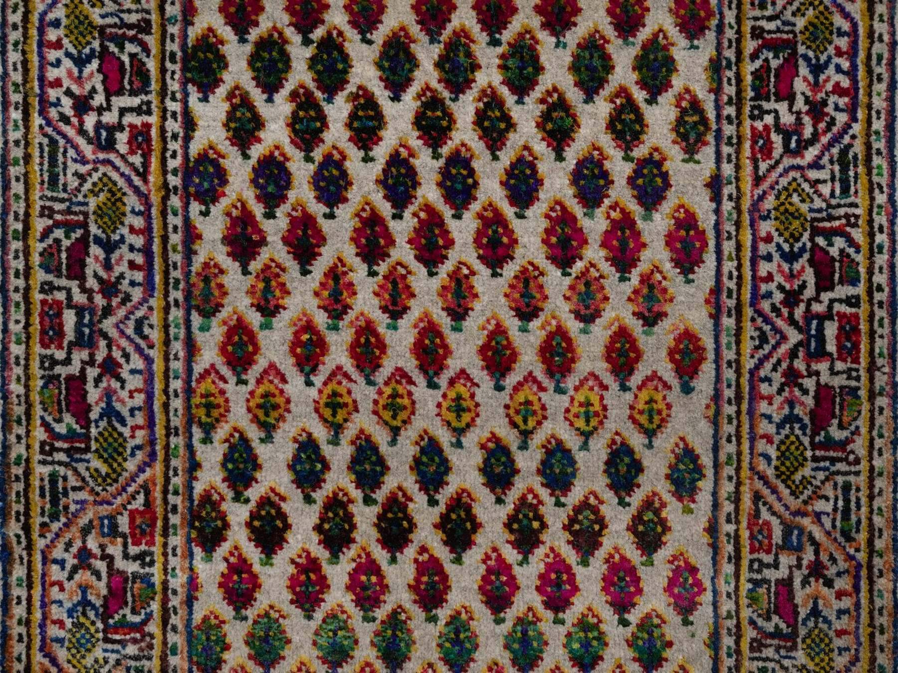 2'x3' Colorful, Sarouk Mir Inspired with Repetitive Boteh Design, Wool and Sari Silk, Hand Knotted, Sample, Mat, Oriental Rug HR92617 - Image 5