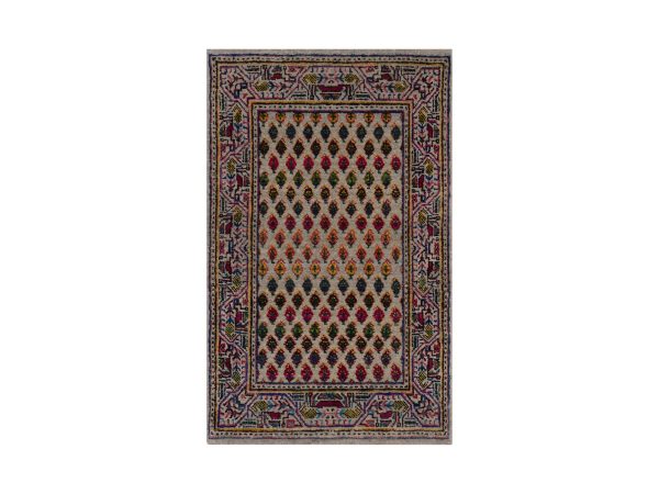 1'10"x3' Colorful, Wool and Sari Silk, Sarouk Mir Inspired with Repetitive Boteh Design, Hand Knotted, Mat, Sample, Oriental Rug HR92618