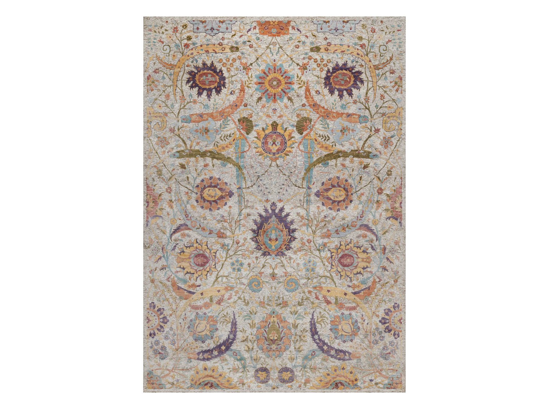 9'10"x14'2" Ivory and Brown, Colorful Sickle Leaf Design, Hand Knotted, Silk with Textured Wool, Oriental Rug HR92620