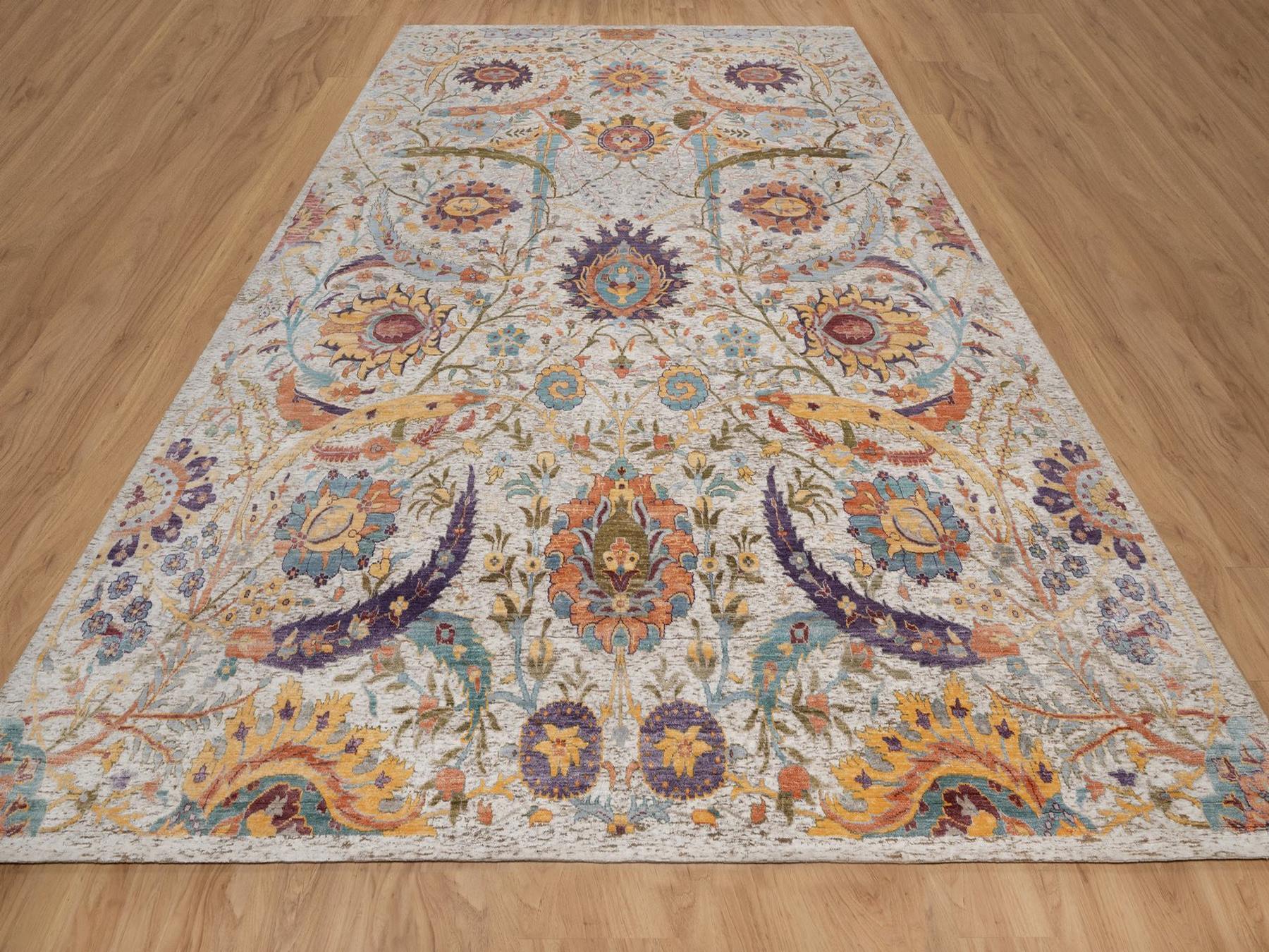 9'10"x14'2" Ivory and Brown, Colorful Sickle Leaf Design, Hand Knotted, Silk with Textured Wool, Oriental Rug HR92620 - Image 2