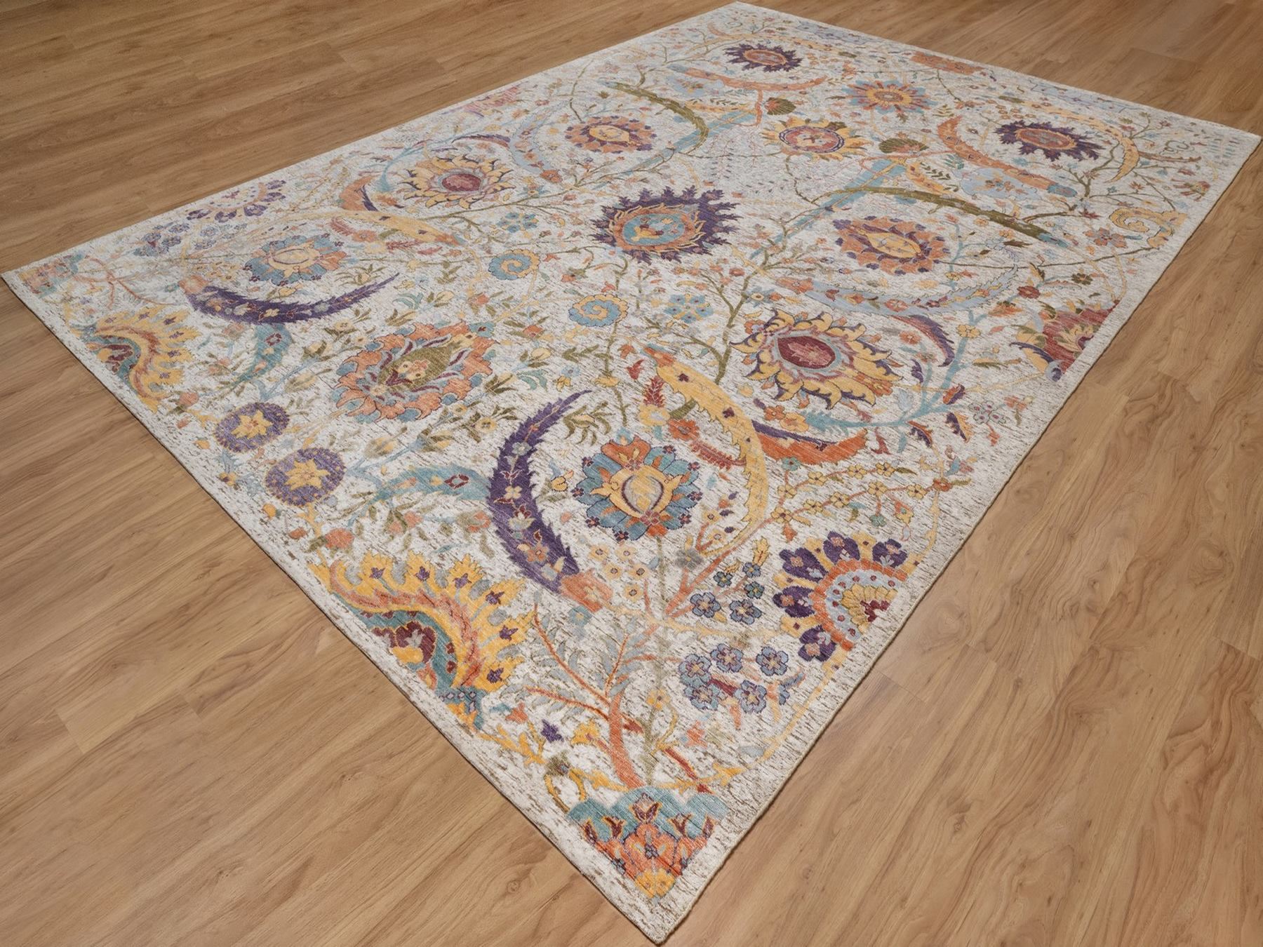 9'10"x14'2" Ivory and Brown, Colorful Sickle Leaf Design, Hand Knotted, Silk with Textured Wool, Oriental Rug HR92620 - Image 3