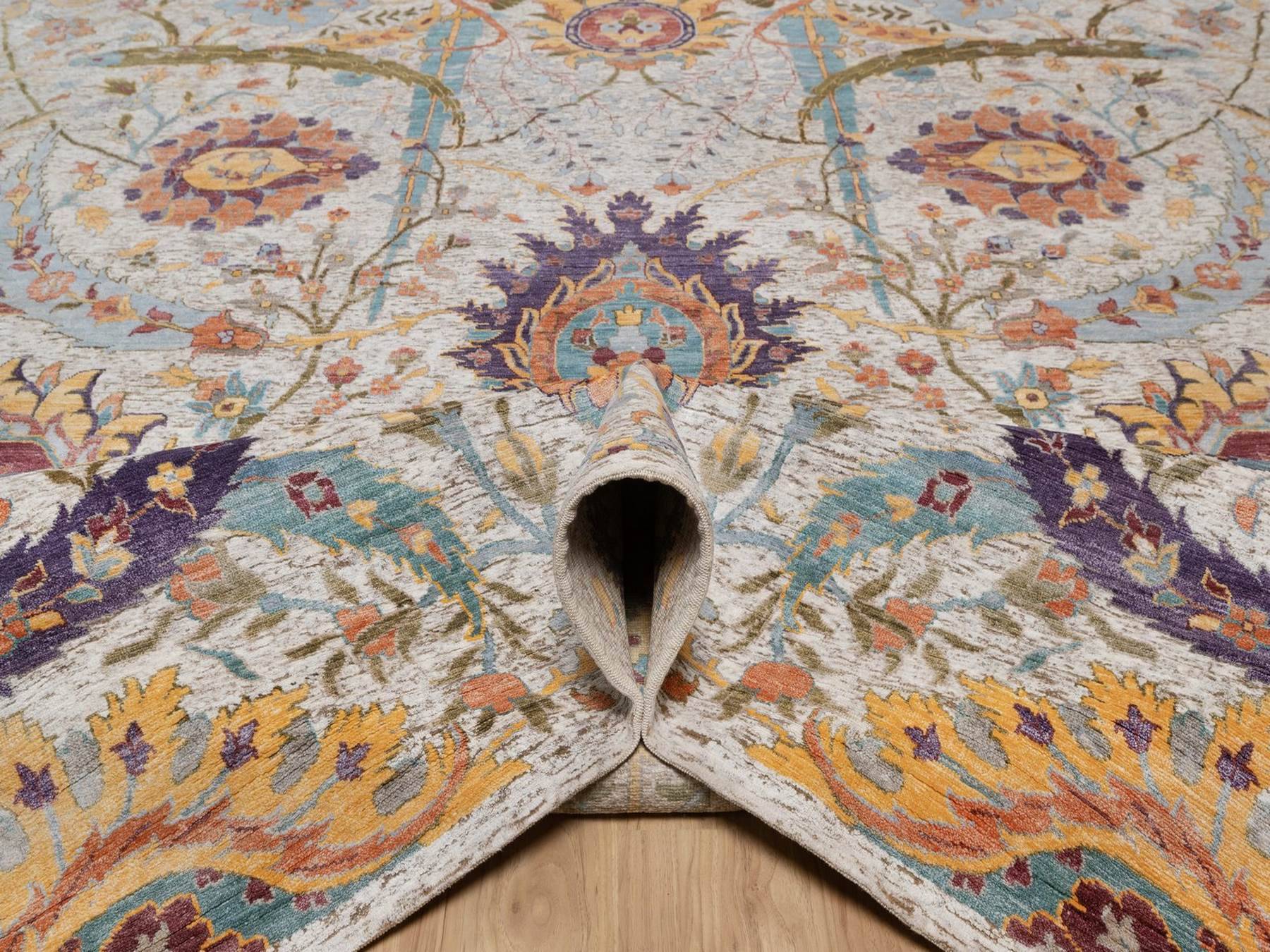 9'10"x14'2" Ivory and Brown, Colorful Sickle Leaf Design, Hand Knotted, Silk with Textured Wool, Oriental Rug HR92620 - Image 5