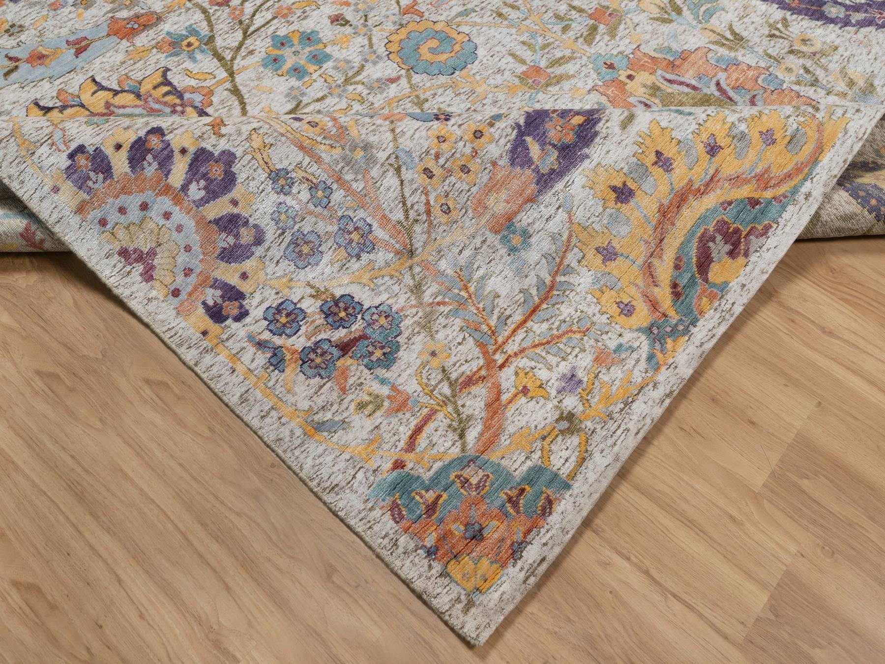 9'10"x14'2" Ivory and Brown, Colorful Sickle Leaf Design, Hand Knotted, Silk with Textured Wool, Oriental Rug HR92620 - Image 6