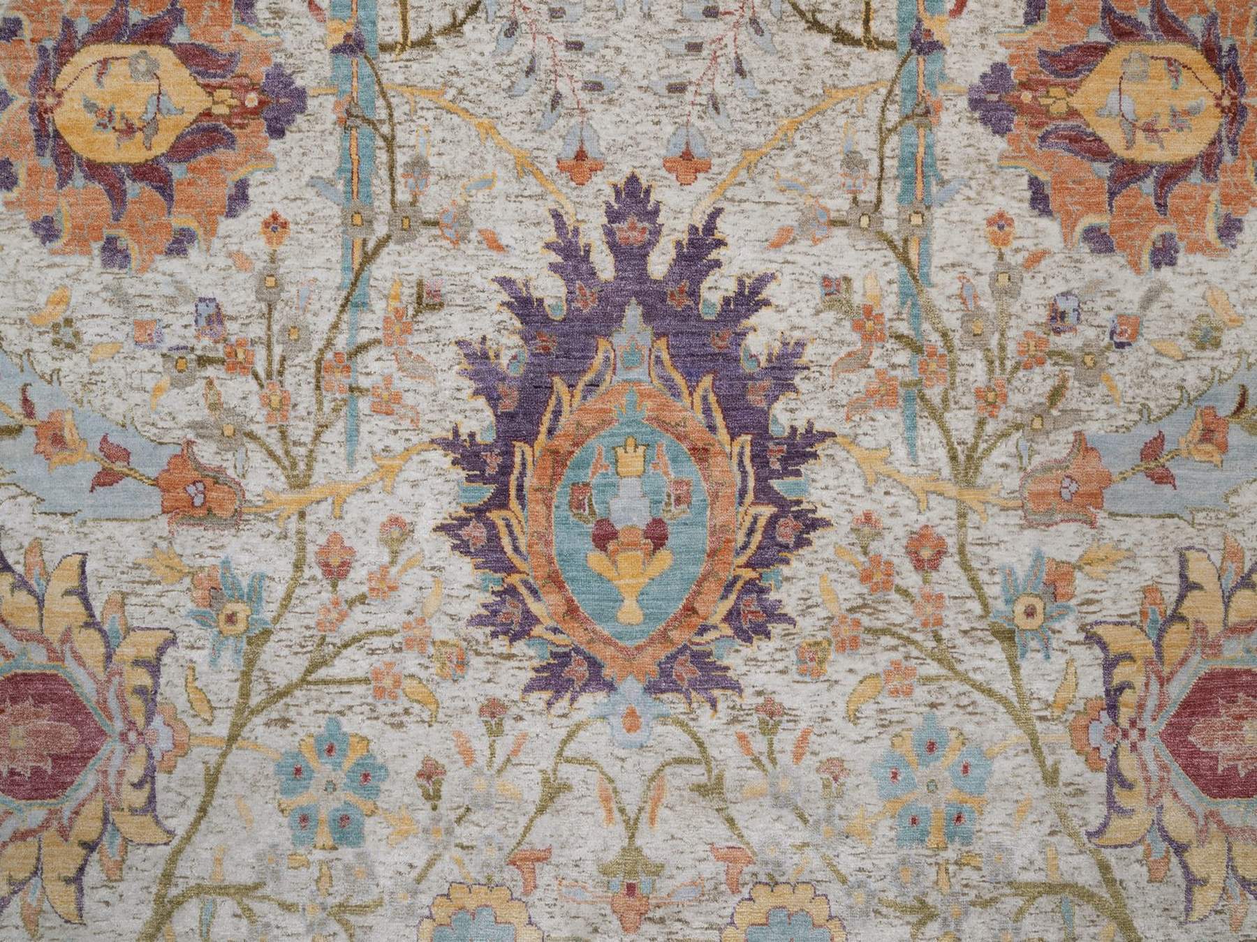 9'10"x14'2" Ivory and Brown, Colorful Sickle Leaf Design, Hand Knotted, Silk with Textured Wool, Oriental Rug HR92620 - Image 8
