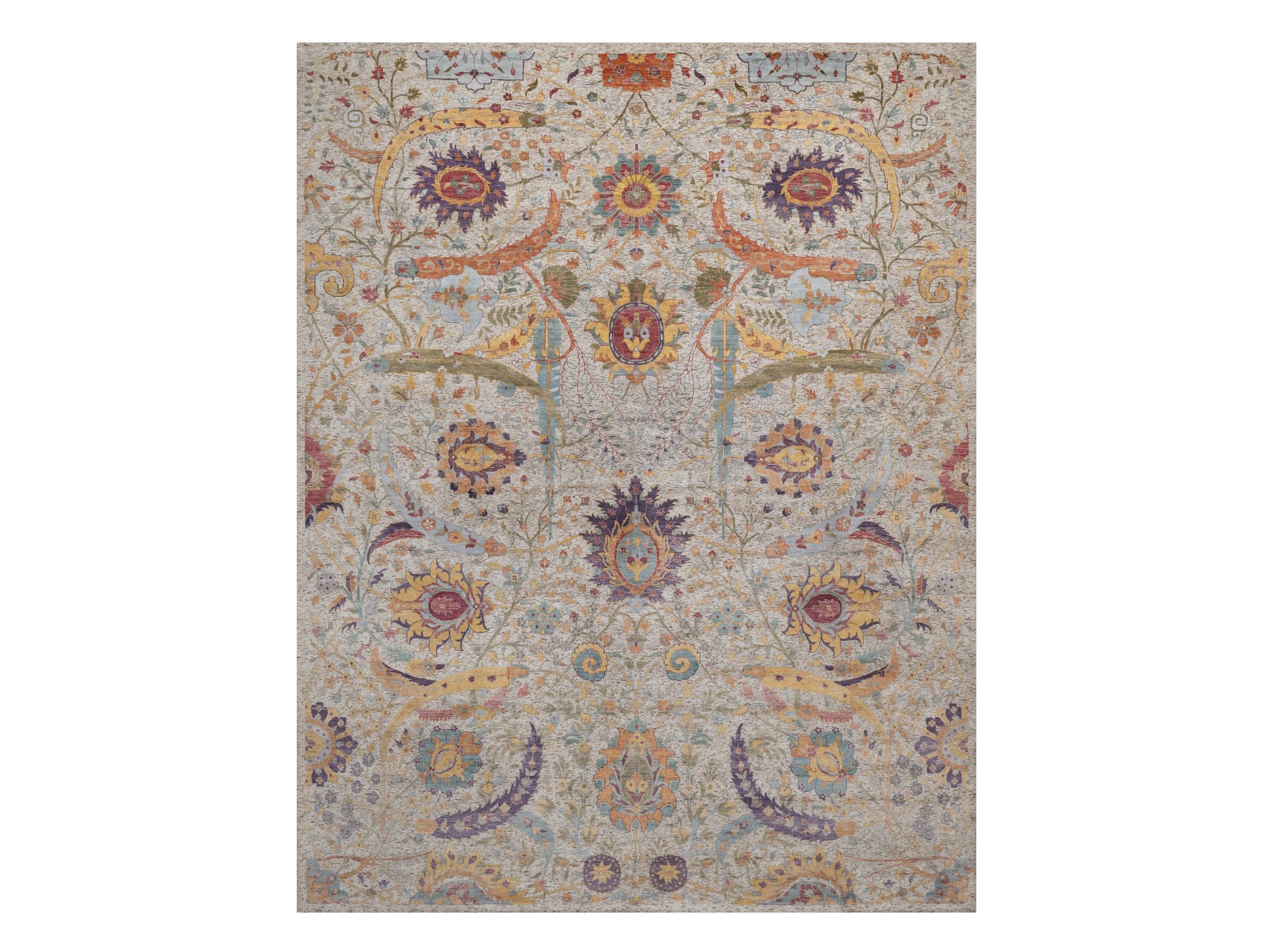 11'9"x15'2" Ivory and Brown, Colorful Sickle Leaf Design, Hand Knotted, Silk with Textured Wool, Oversized, XL, Oriental Rug HR92621