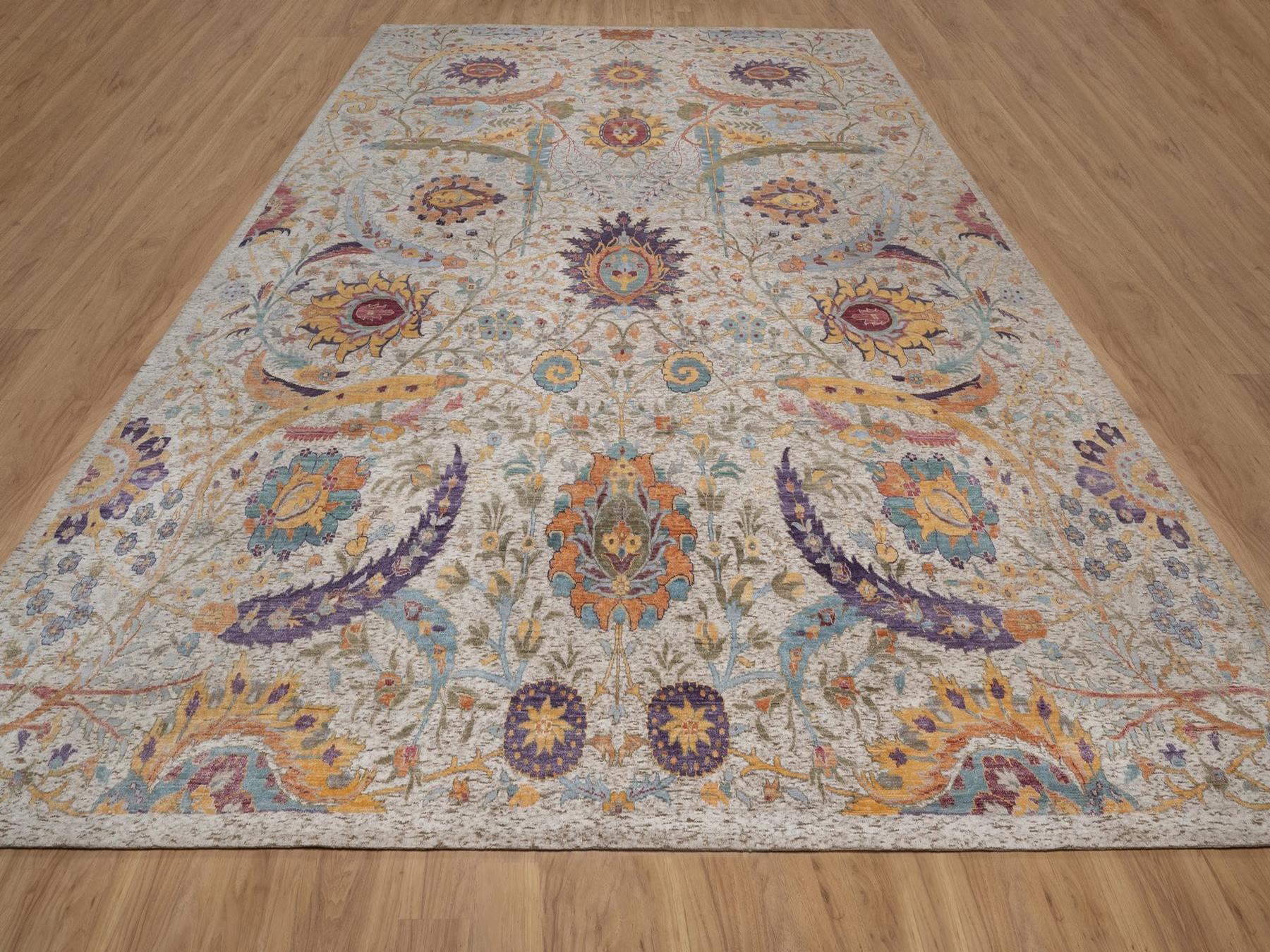 11'9"x15'2" Ivory and Brown, Colorful Sickle Leaf Design, Hand Knotted, Silk with Textured Wool, Oversized, XL, Oriental Rug HR92621 - Image 2
